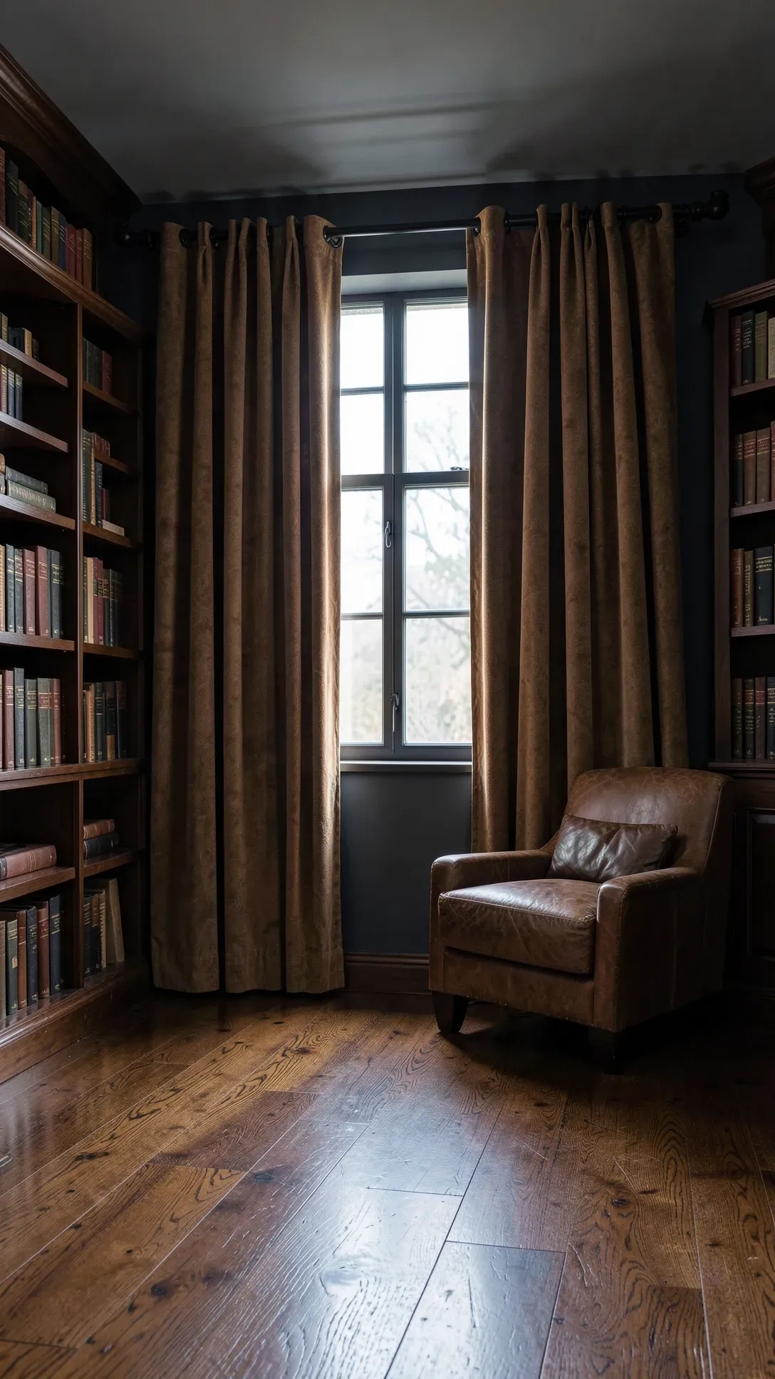 Heavy chocolate brown suede curtains with leather tab tops in a dark, masculine library setting.