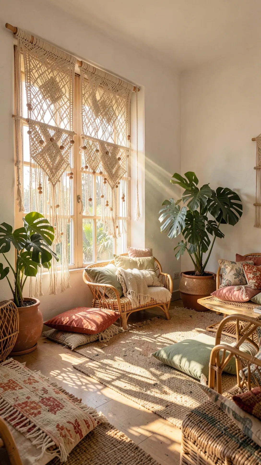 Intricate white macrame window panels casting decorative shadows in a sunlit bohemian living room.
