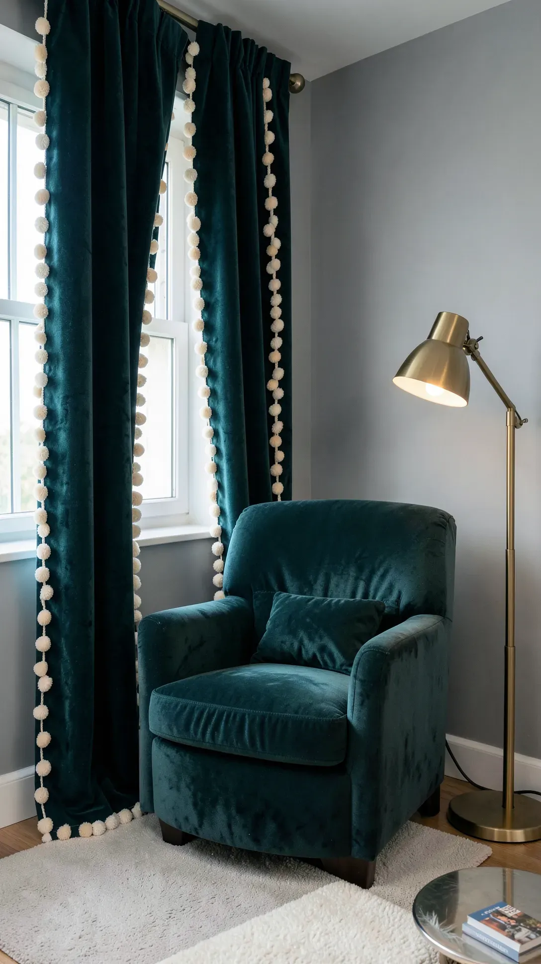 Teal velvet curtains with cream pom-pom trim in a sophisticated living room reading corner.