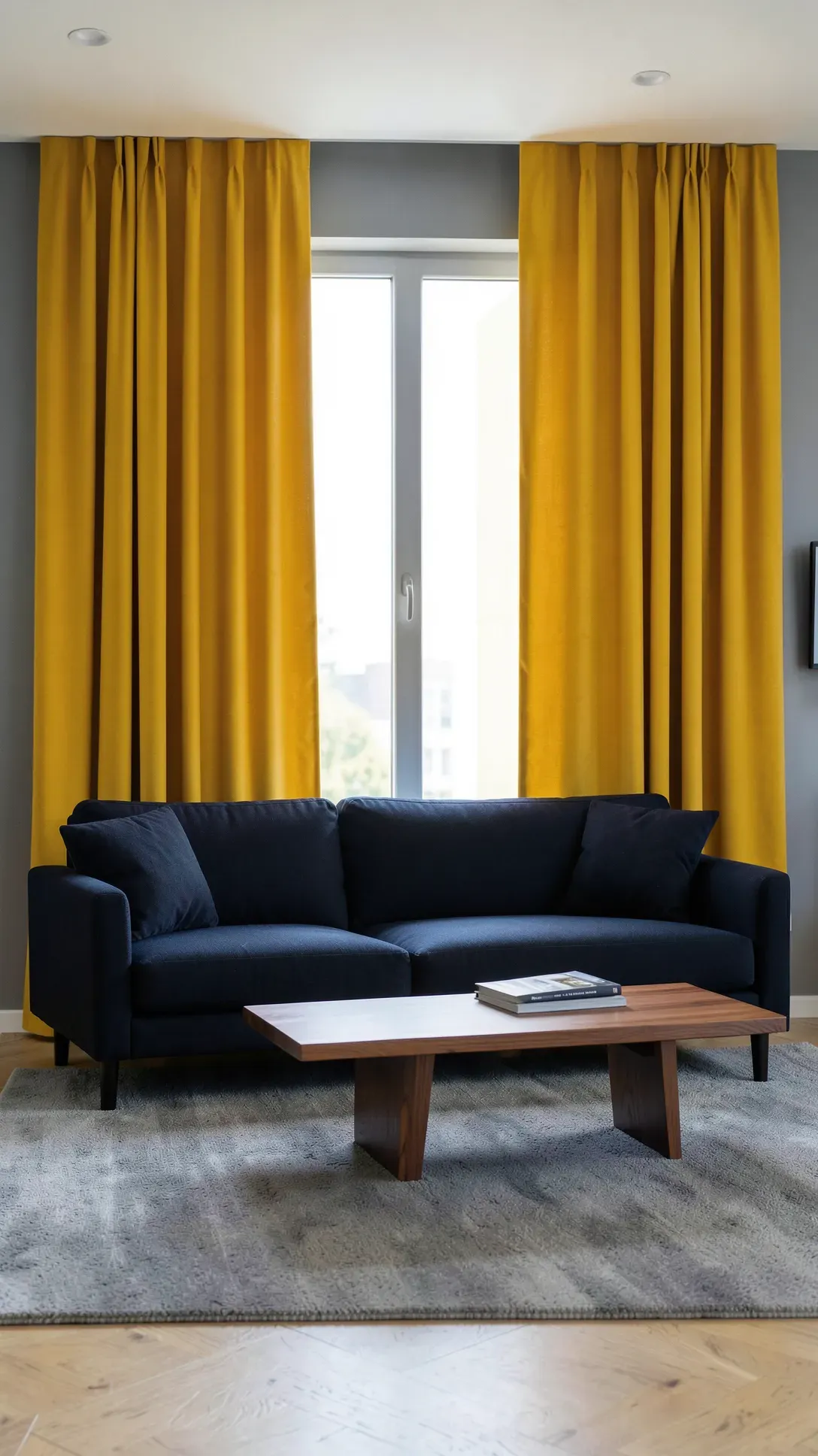 Solid mustard yellow blackout curtains adding a bold pop of color to a modern gray and navy living room.