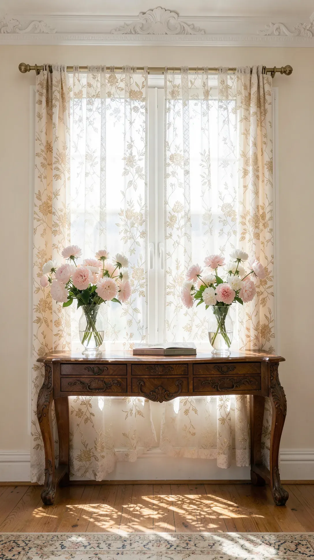 Delicate ivory lace curtains with floral patterns in a bright, traditional vintage living room.