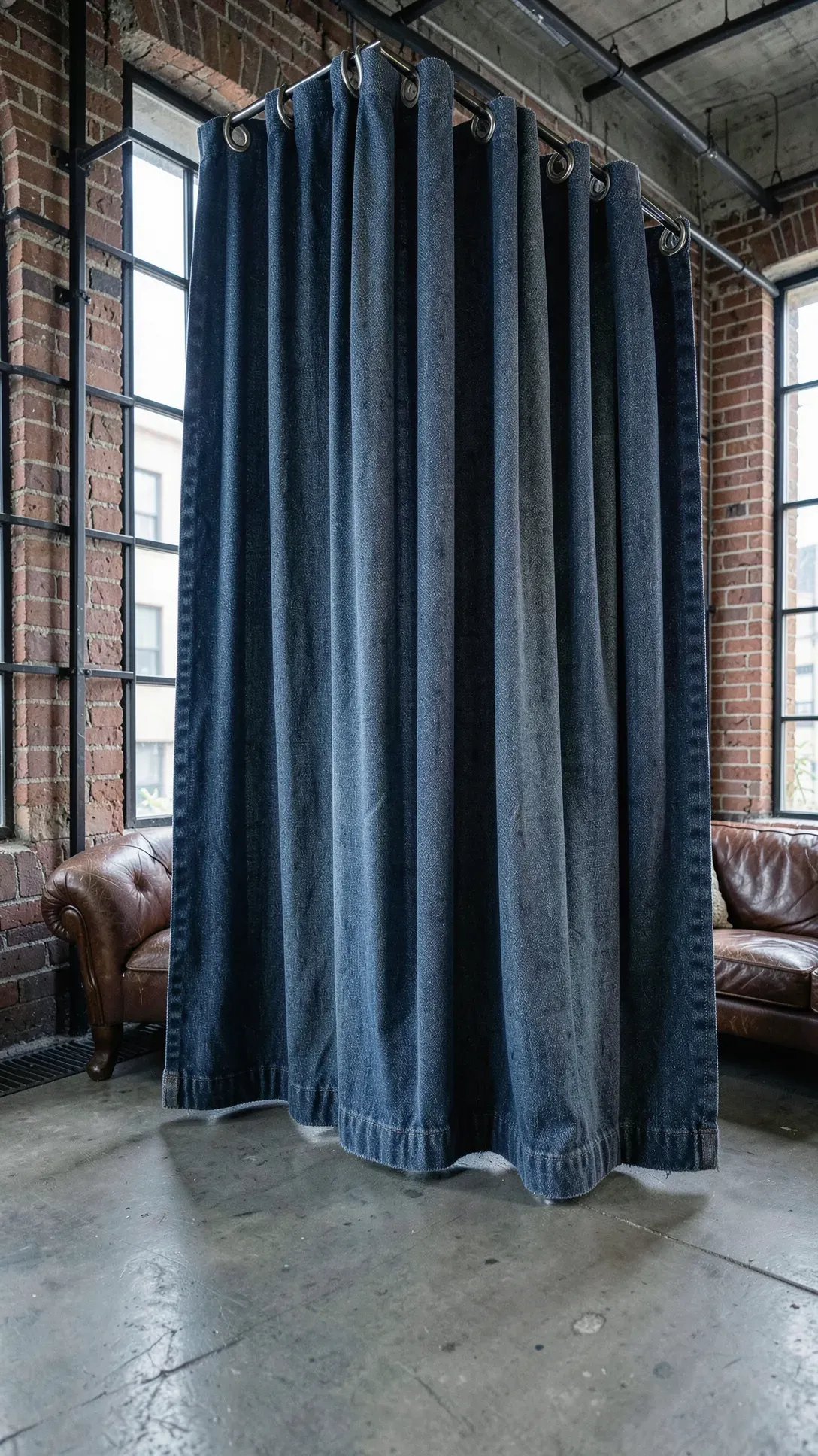 Durable indigo denim curtains with metal rings in an industrial loft with exposed brick walls.