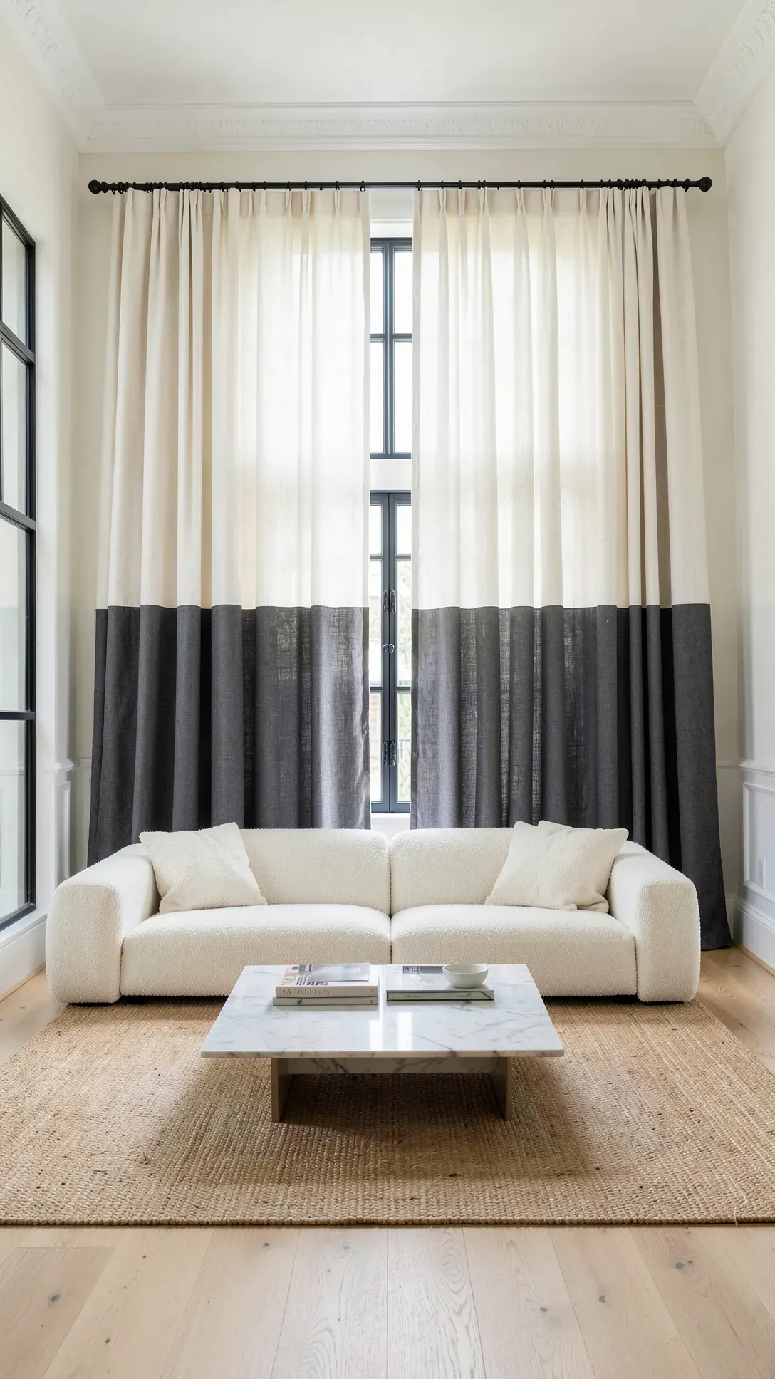 Modern living room with tall windows featuring off-white and charcoal gray color-blocked linen drapes.