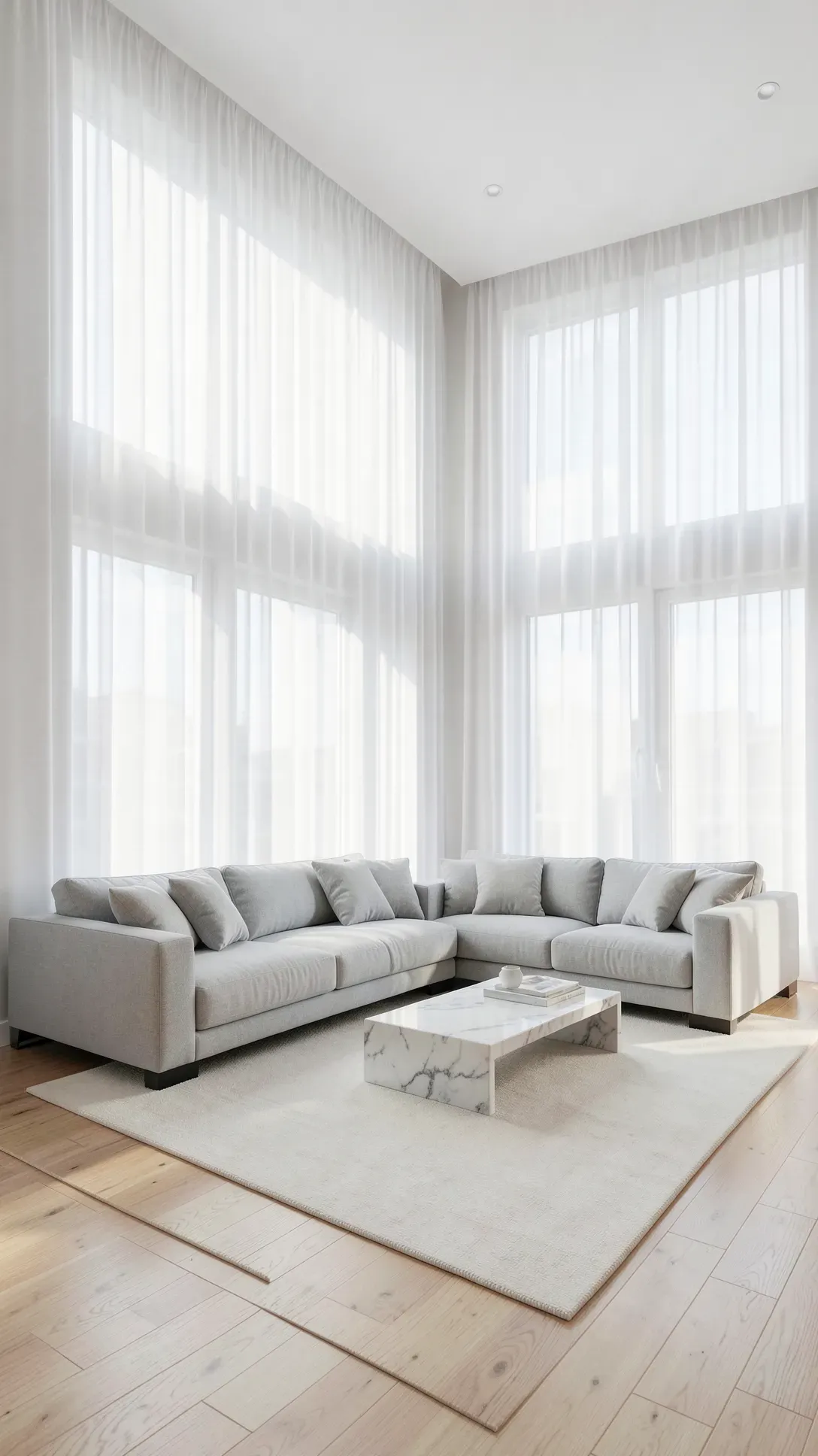 A bright living room with white sheer curtains hanging from the ceiling to the floor, filtering soft sunlight.