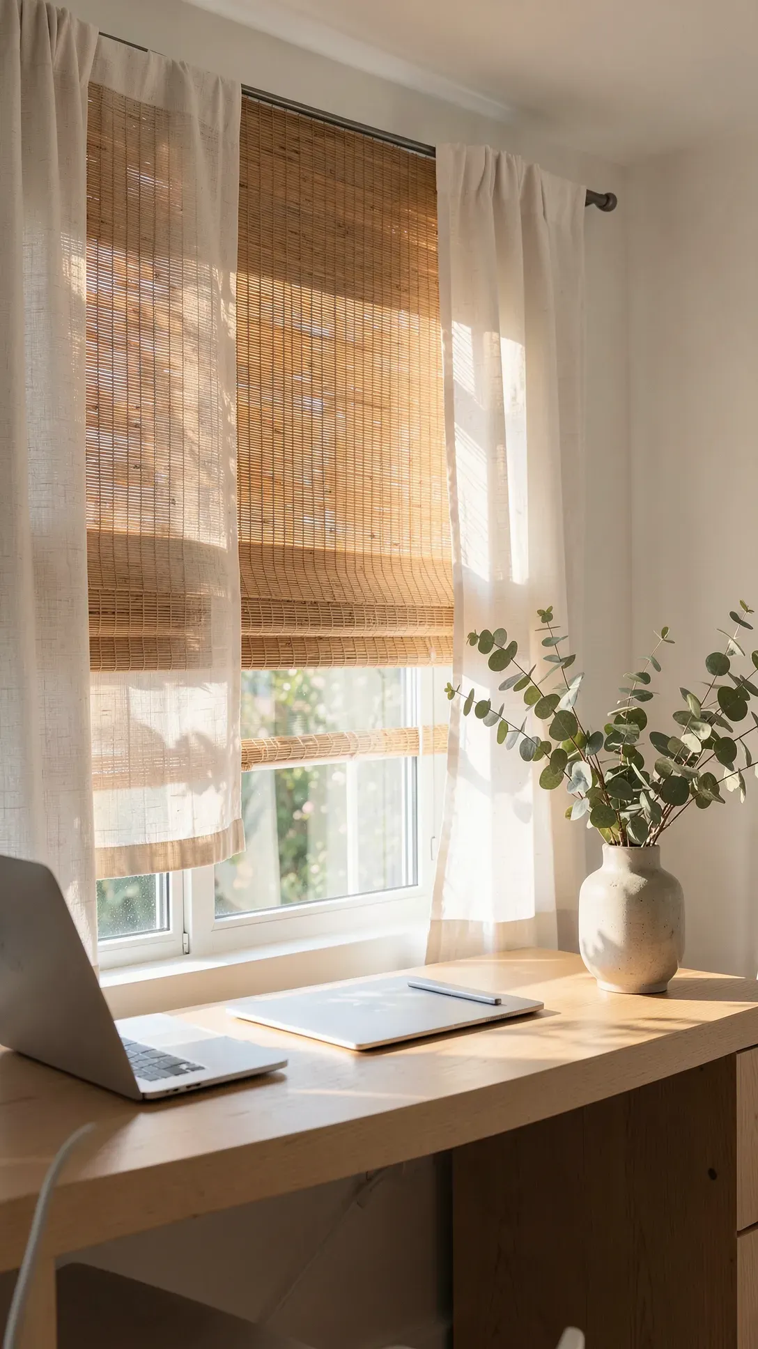 A home office window featuring textured bamboo shades layered under soft white linen curtains.