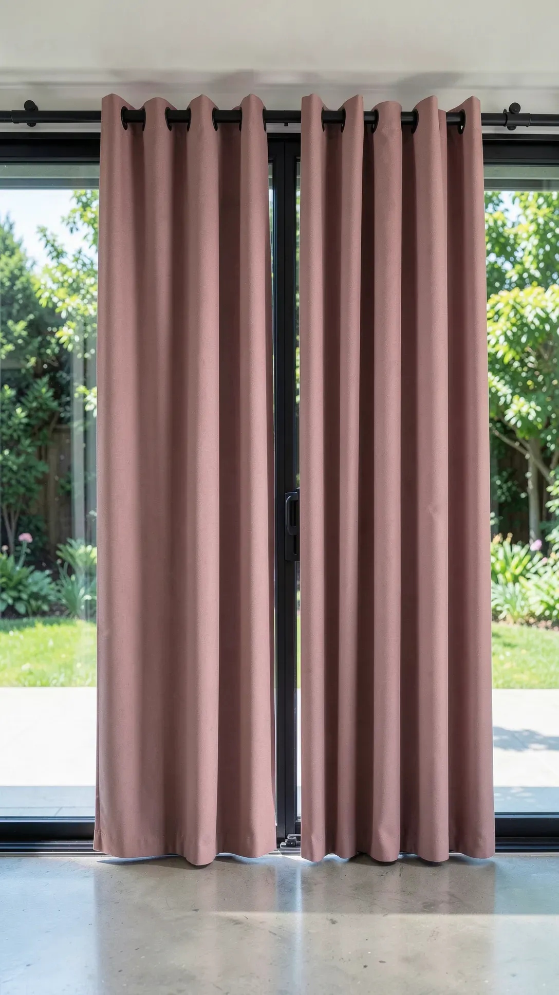Modern rose-colored grommet curtains on a black rod covering a large glass sliding door.