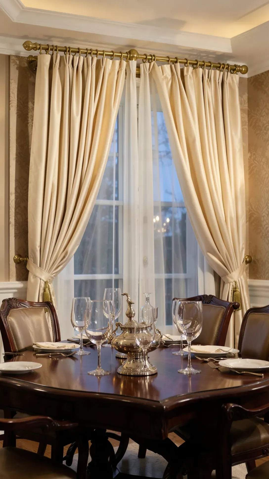 Tailored cream pinch-pleat curtains hanging from elegant brass rings in a formal dining room.