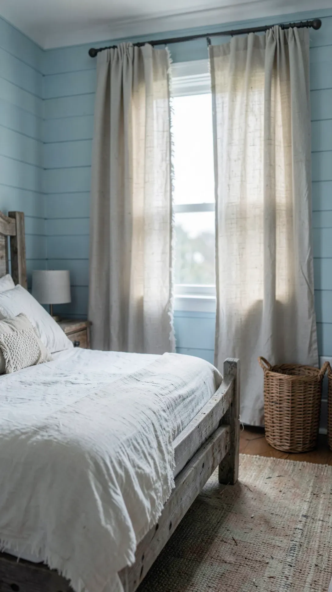 Breezy oatmeal-colored linen curtains with raw edges in a relaxed coastal bedroom.