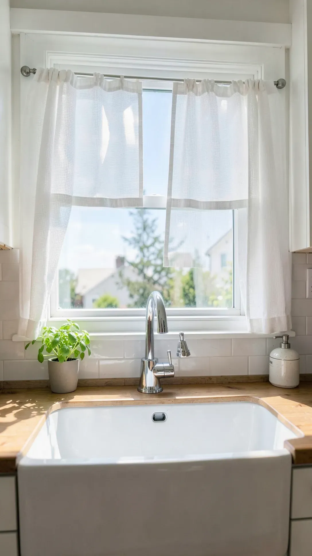 White cafe curtains covering the bottom half of a sunlit kitchen window over a farmhouse sink.