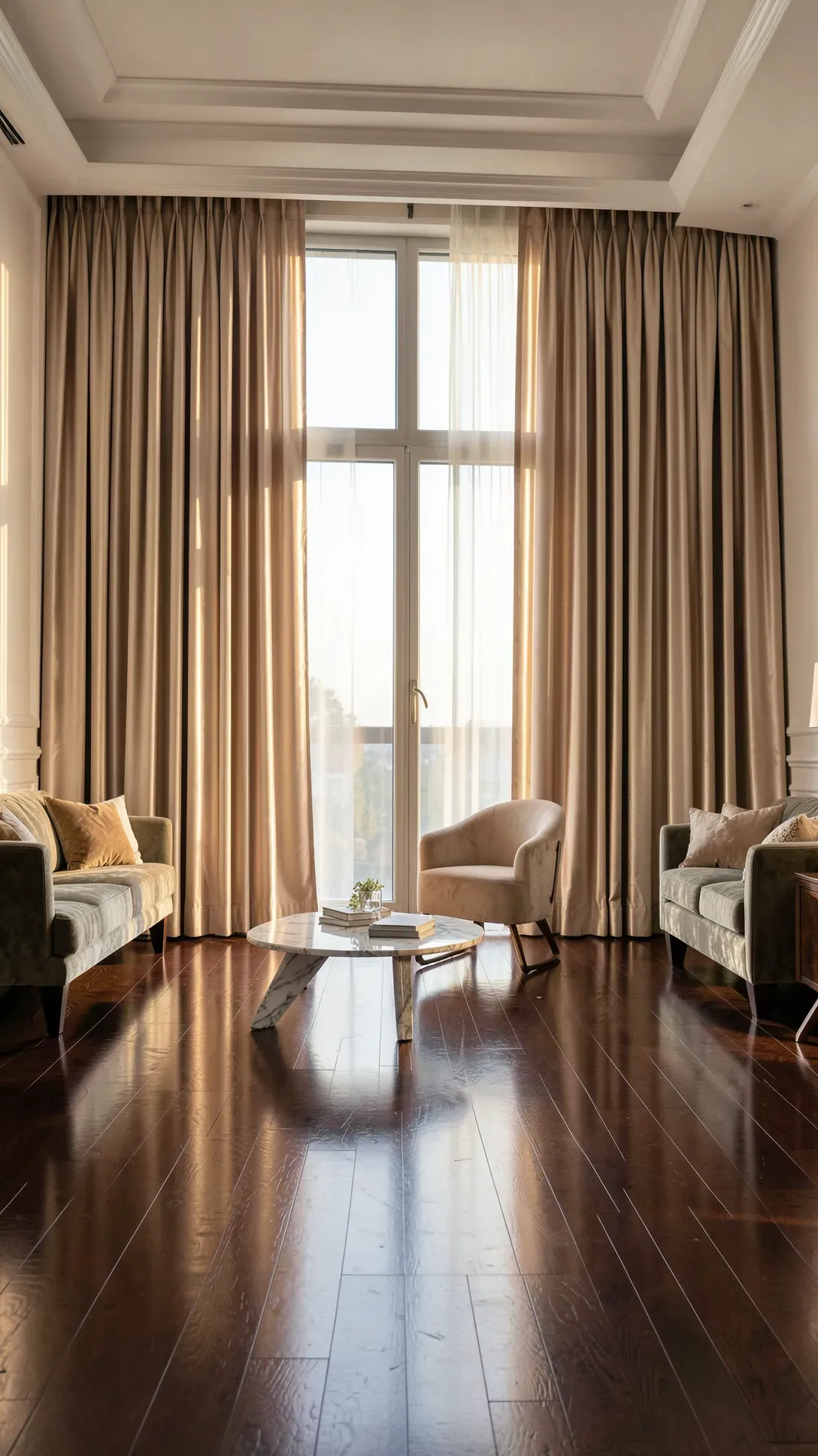 Elegant champagne-colored silk curtains hanging floor-to-length in a luxurious formal sitting room.