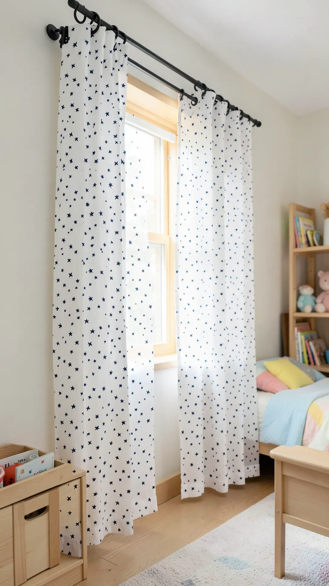 White cotton curtains with blue star patterns in a bright and tidy child's bedroom.
