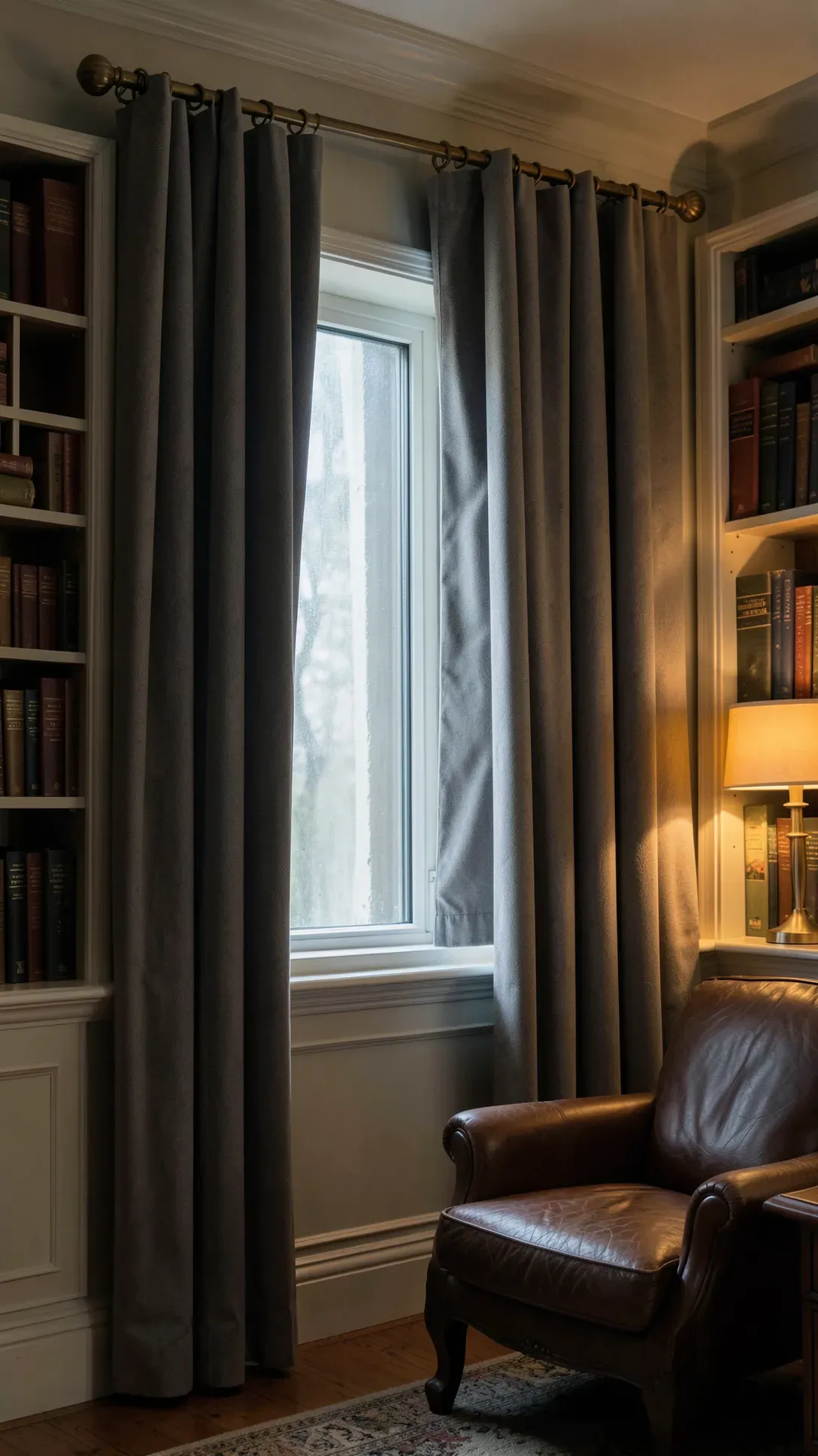 Thick slate-gray thermal curtains closed tightly over a window to insulate a cozy room.