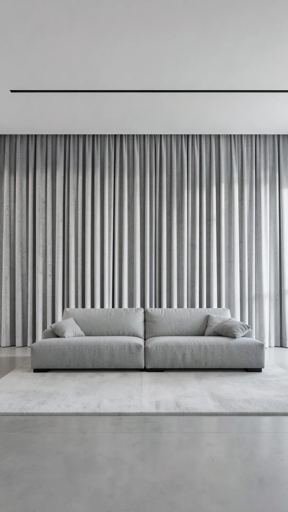 A full wall of light gray curtains creating a seamless fabric backdrop in a modern living room.