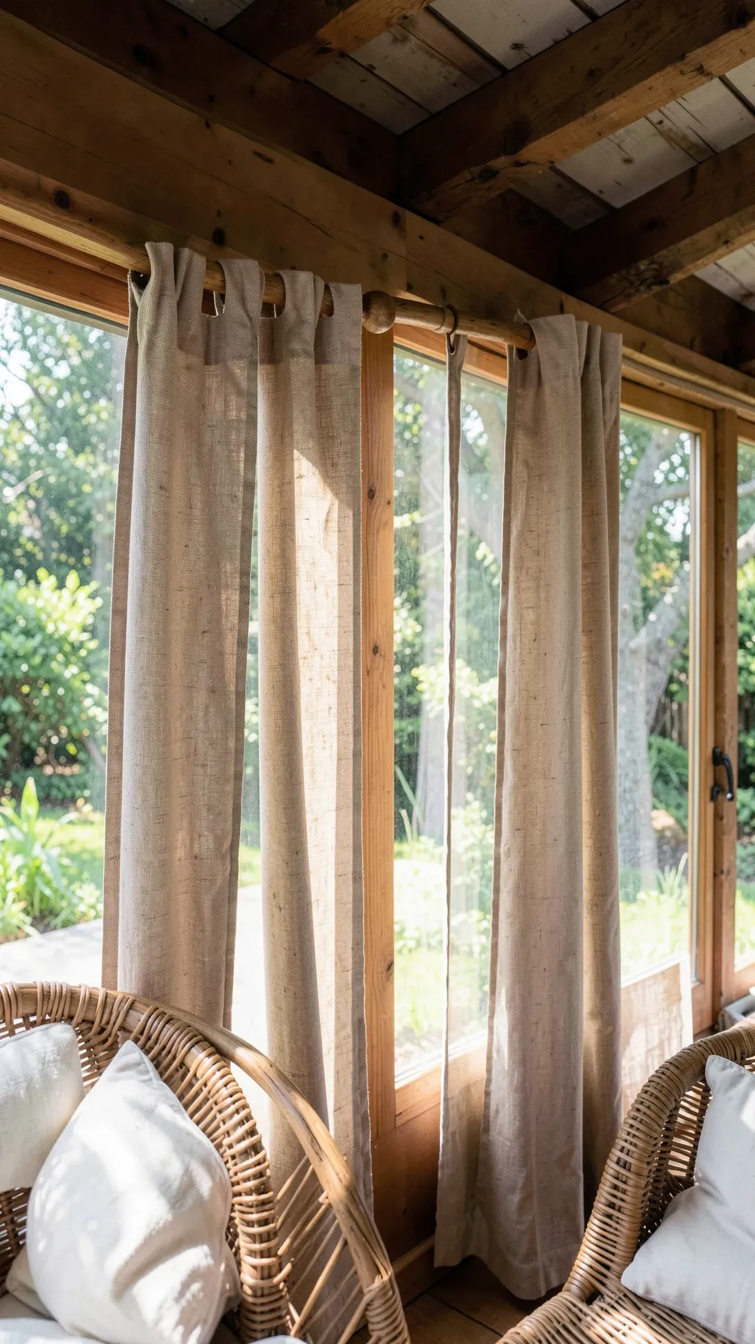 Oatmeal linen tab-top curtains hanging from a thick wooden rod in a sun-drenched room.