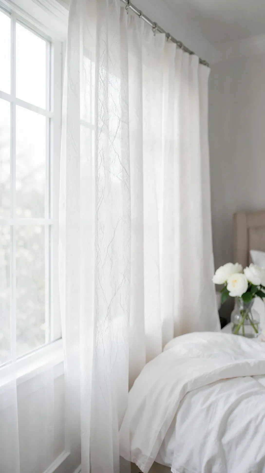 Textured white crushed voile curtains diffusing soft morning light in a romantic bedroom.