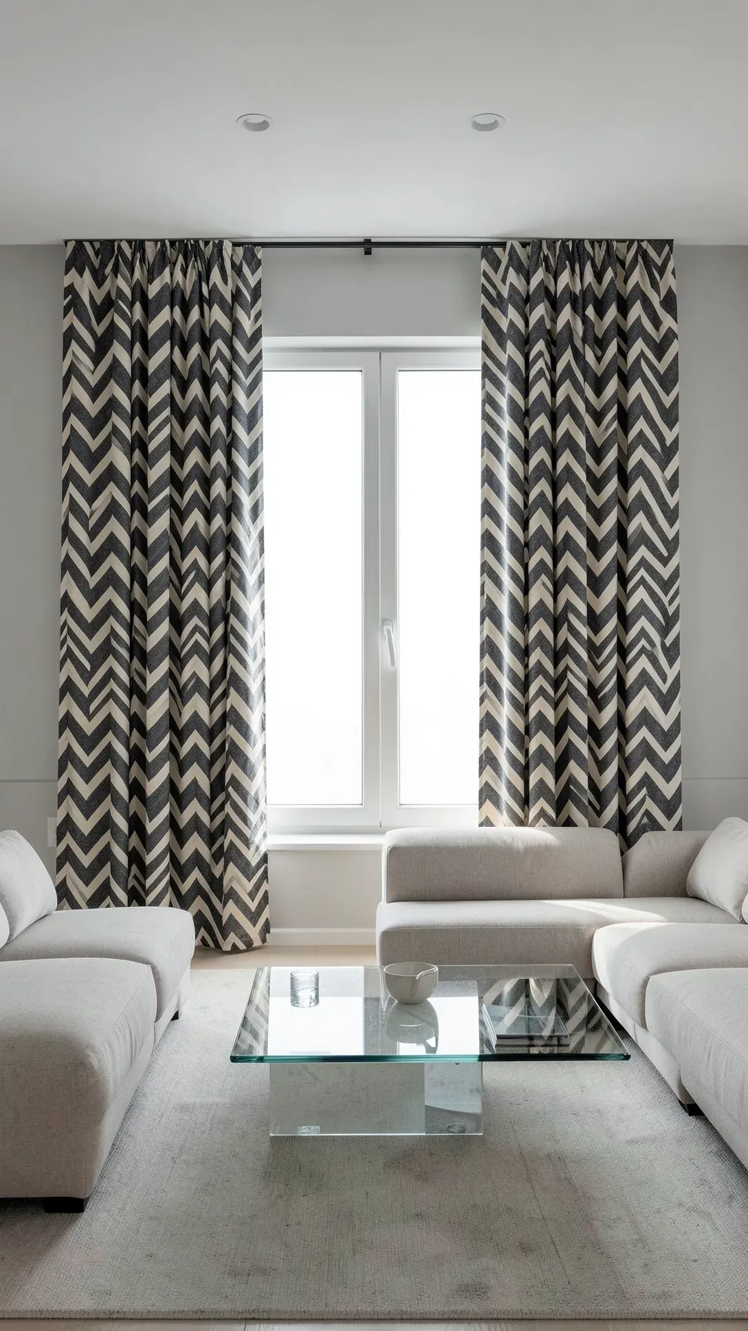 Modern living room with bold charcoal and cream geometric print curtains on large windows.