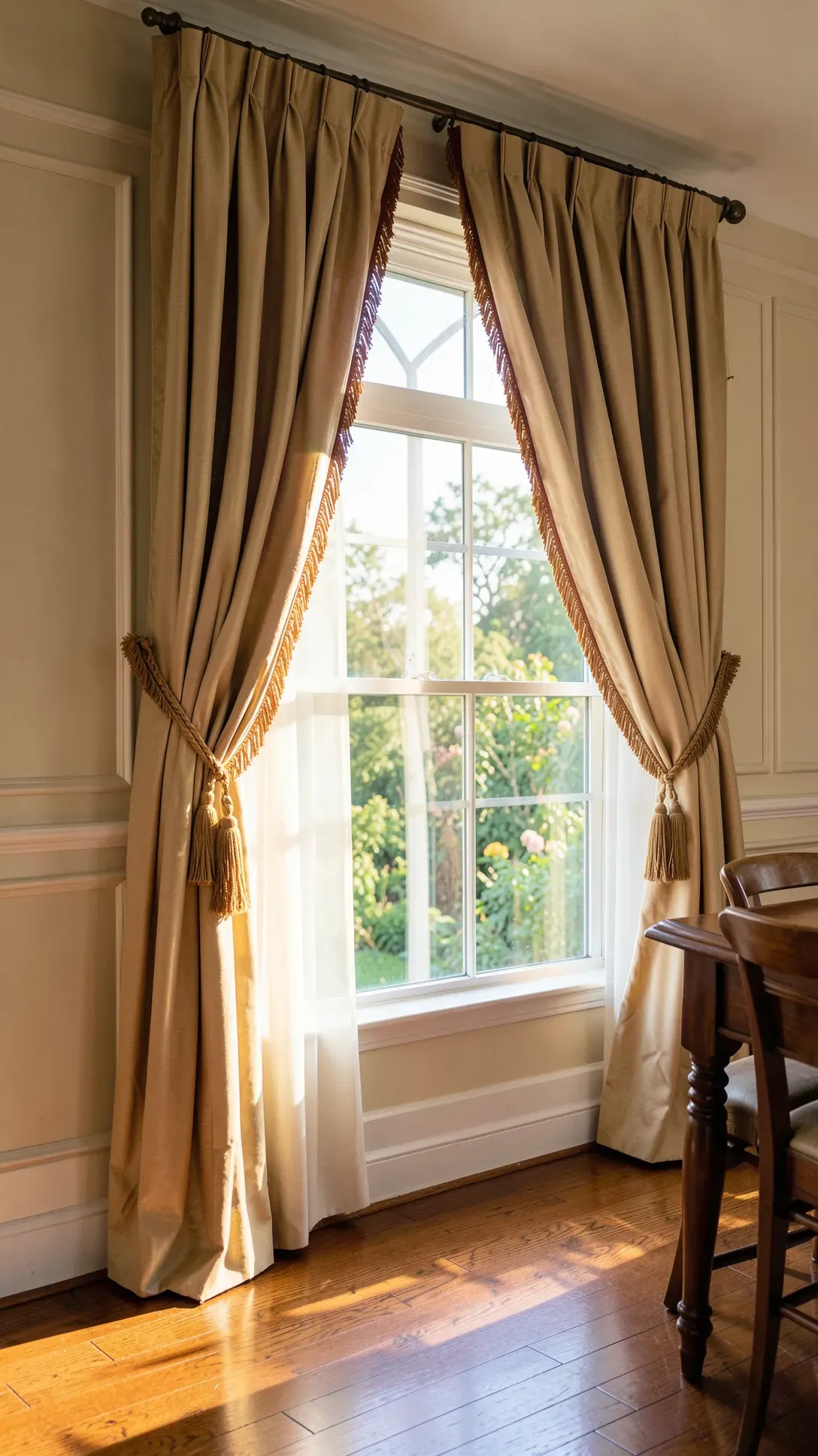 Traditional heavy drapes held open by ornate gold tassel tie-backs in a sunlit room.