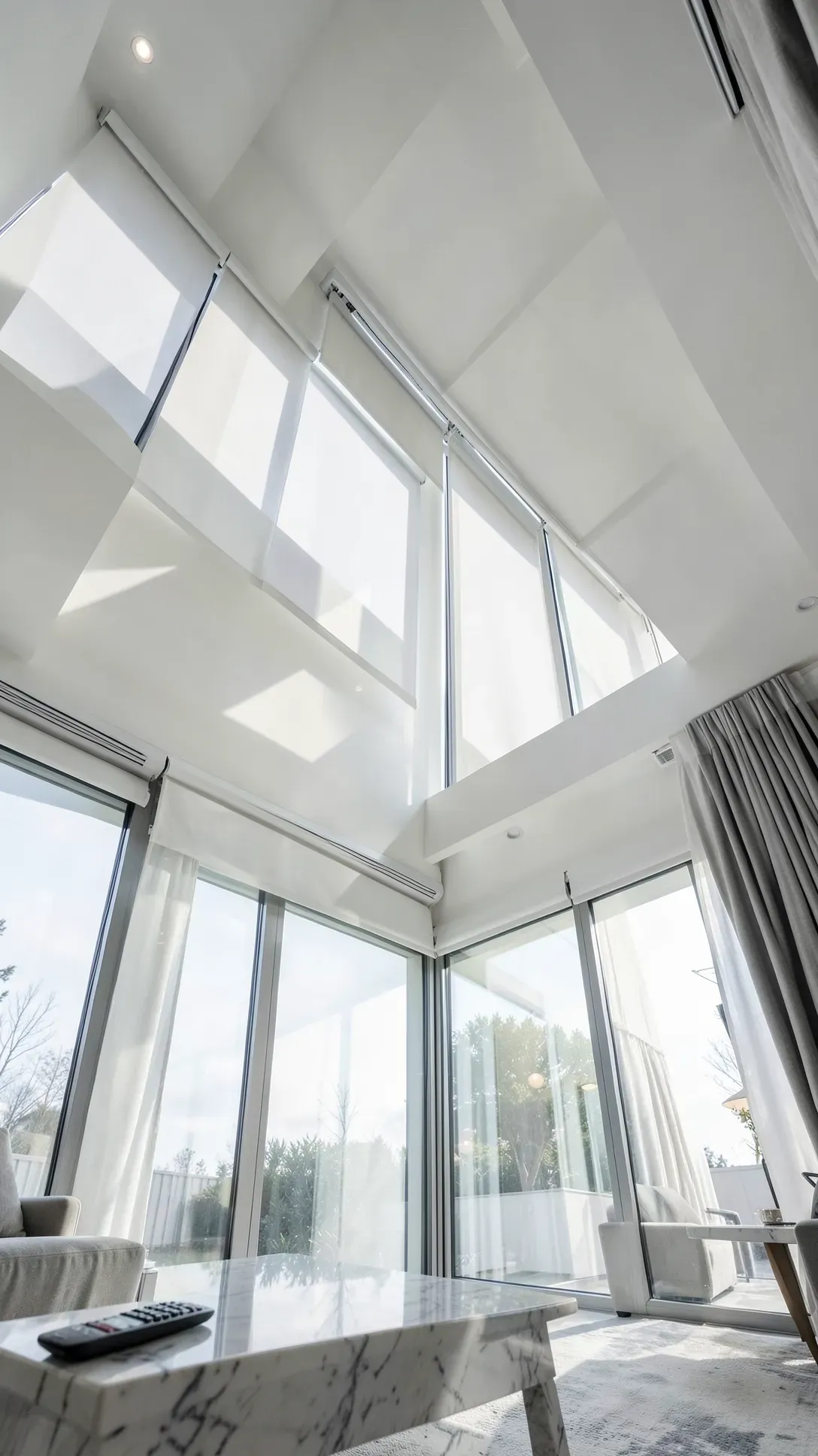 High ceiling windows in a modern home featuring sleek motorized white roller shades.