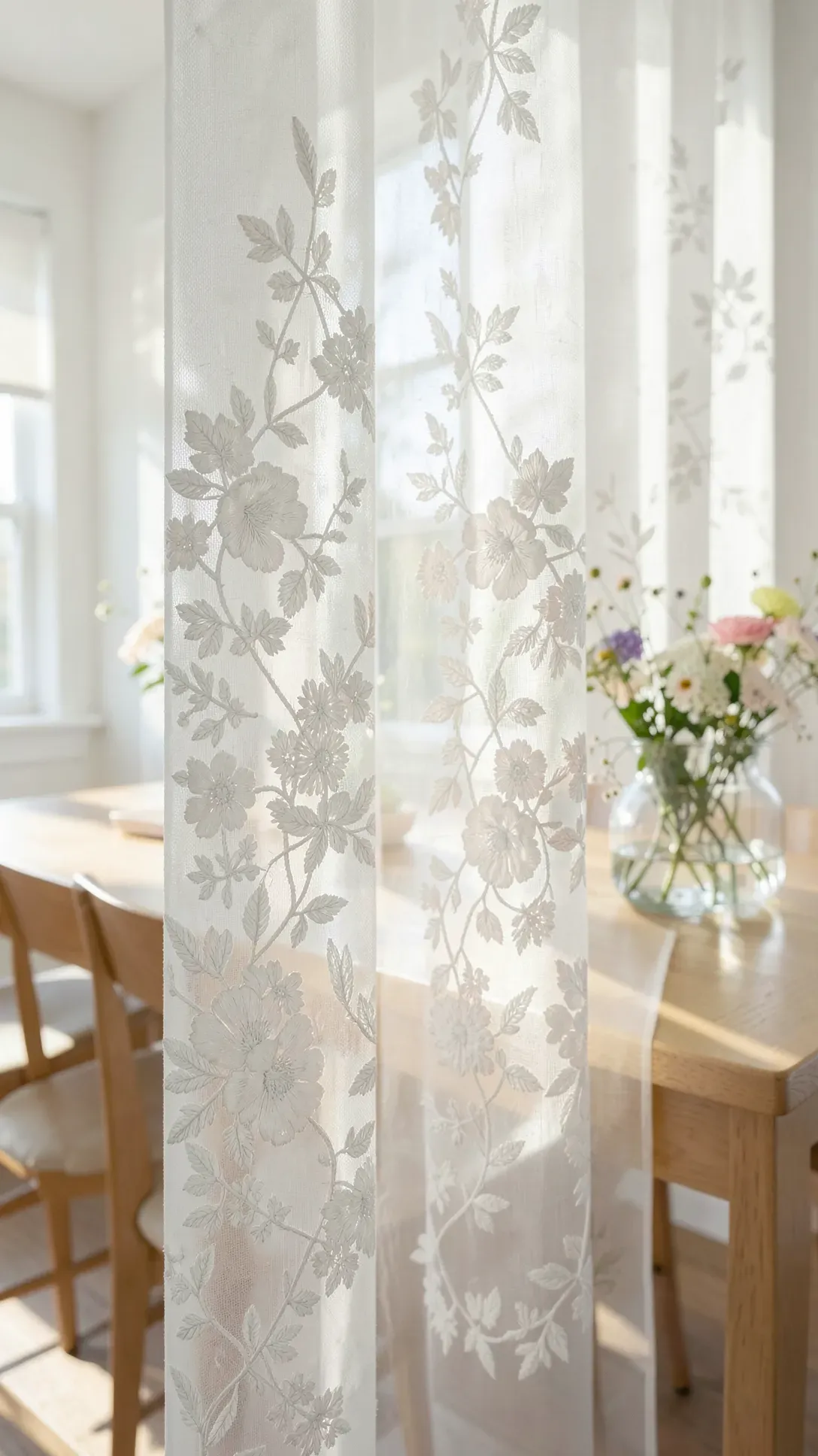 Detailed view of sheer white curtains with floral embroidery in a sunlit dining room.