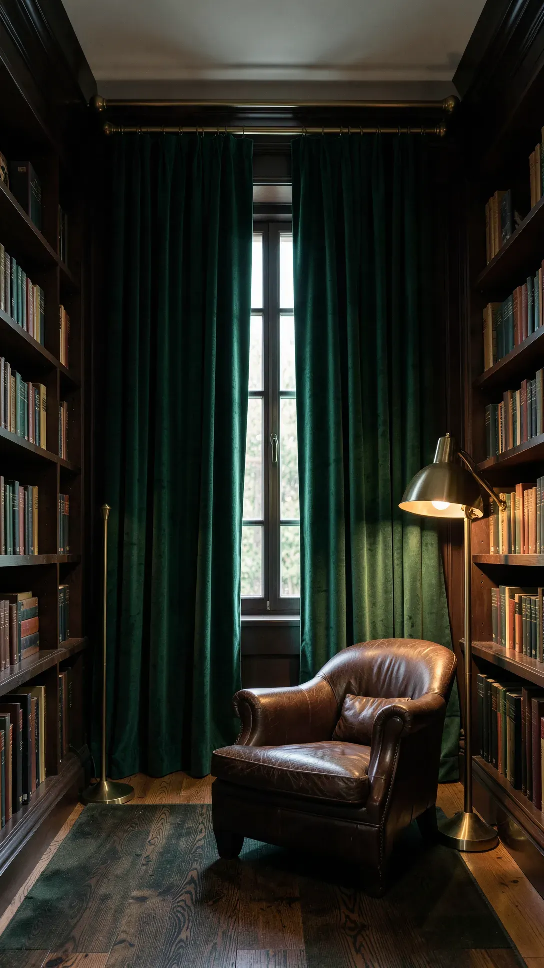 Rich emerald green velvet curtains with brass hardware in a dark wood library.