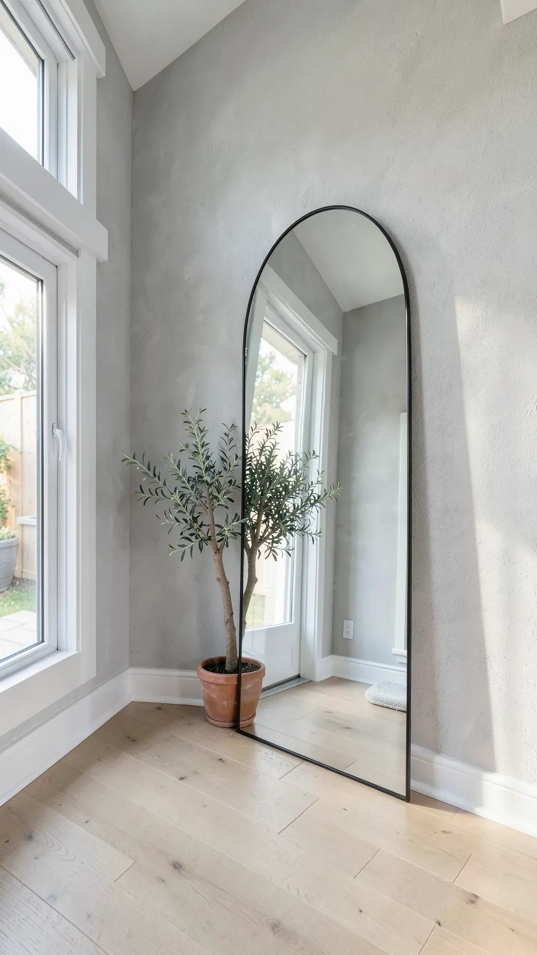 A tall arched mirror leaning against a wall in a bright, modern foyer with hardwood floors.