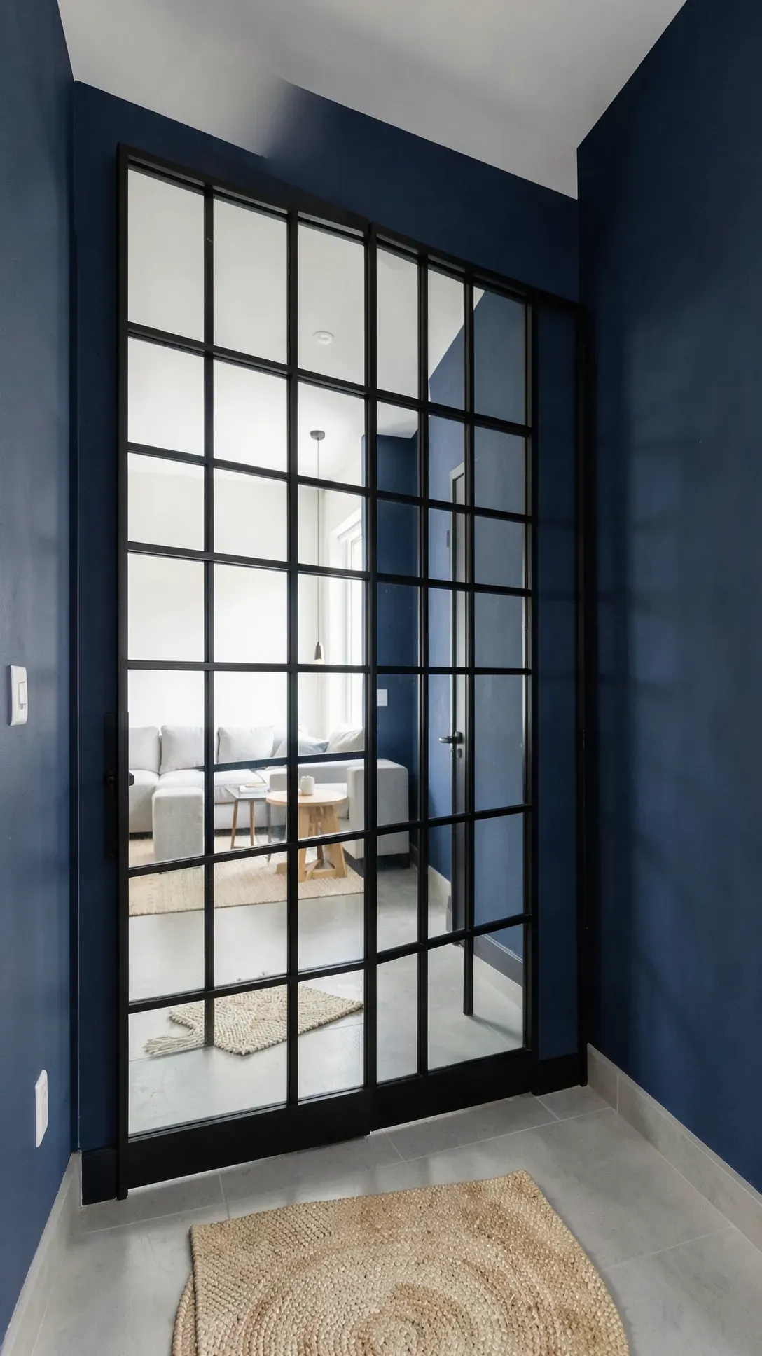 A black metal grid window pane mirror on a navy wall, adding depth to a hallway.