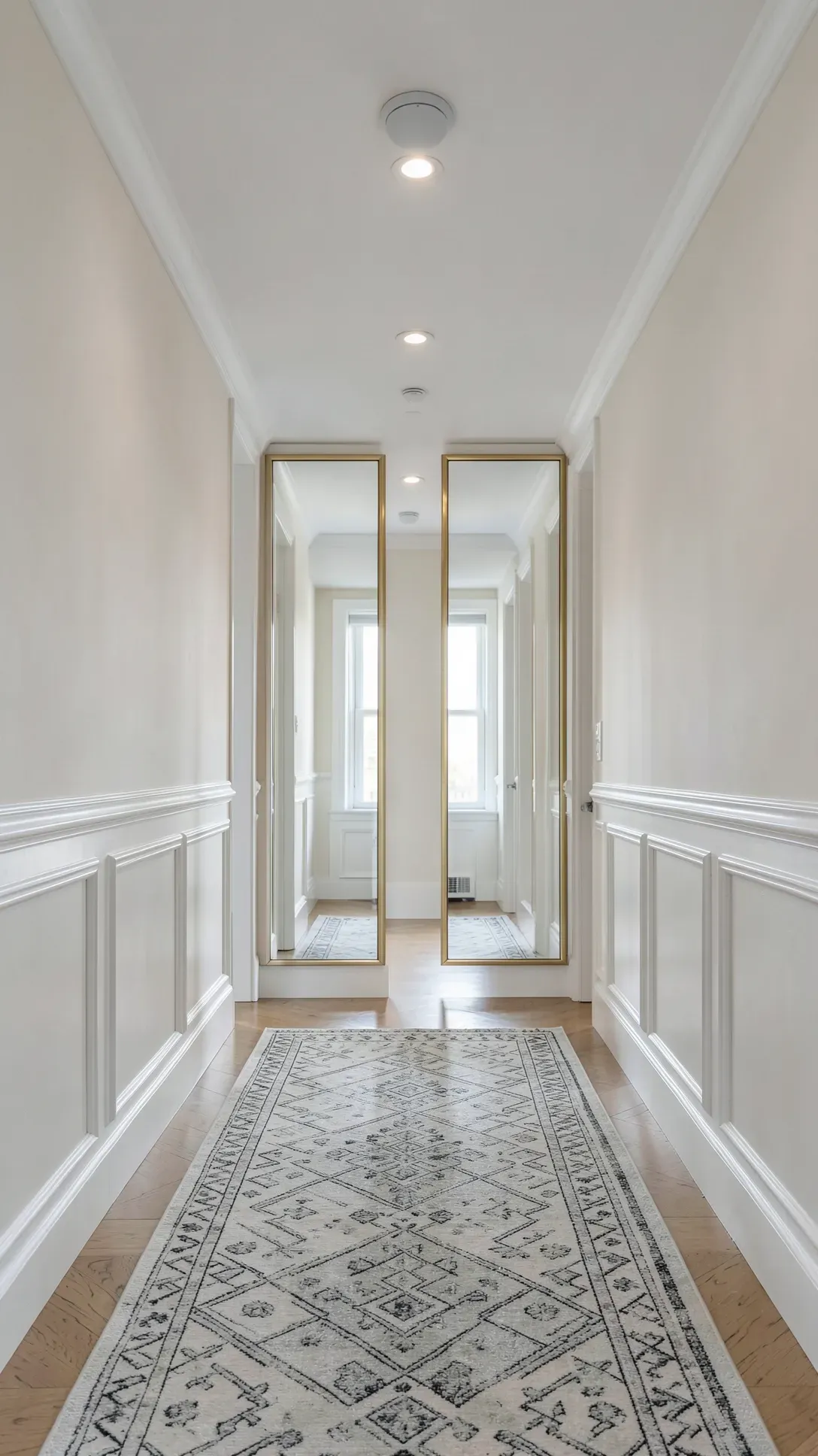 Two identical narrow brass mirrors hung side-by-side in a long, elegant foyer.