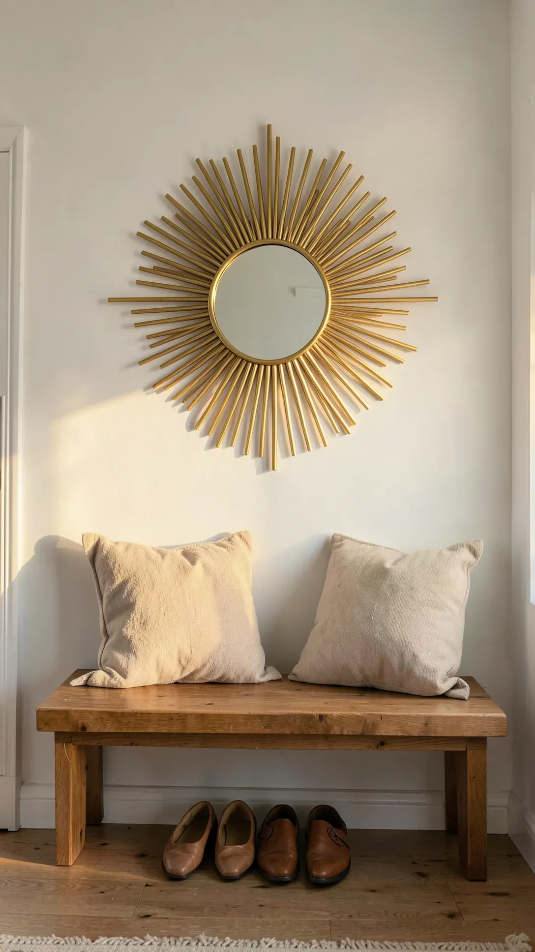 A gold sunburst mirror hanging above a low wooden bench with pillows in a bright foyer.