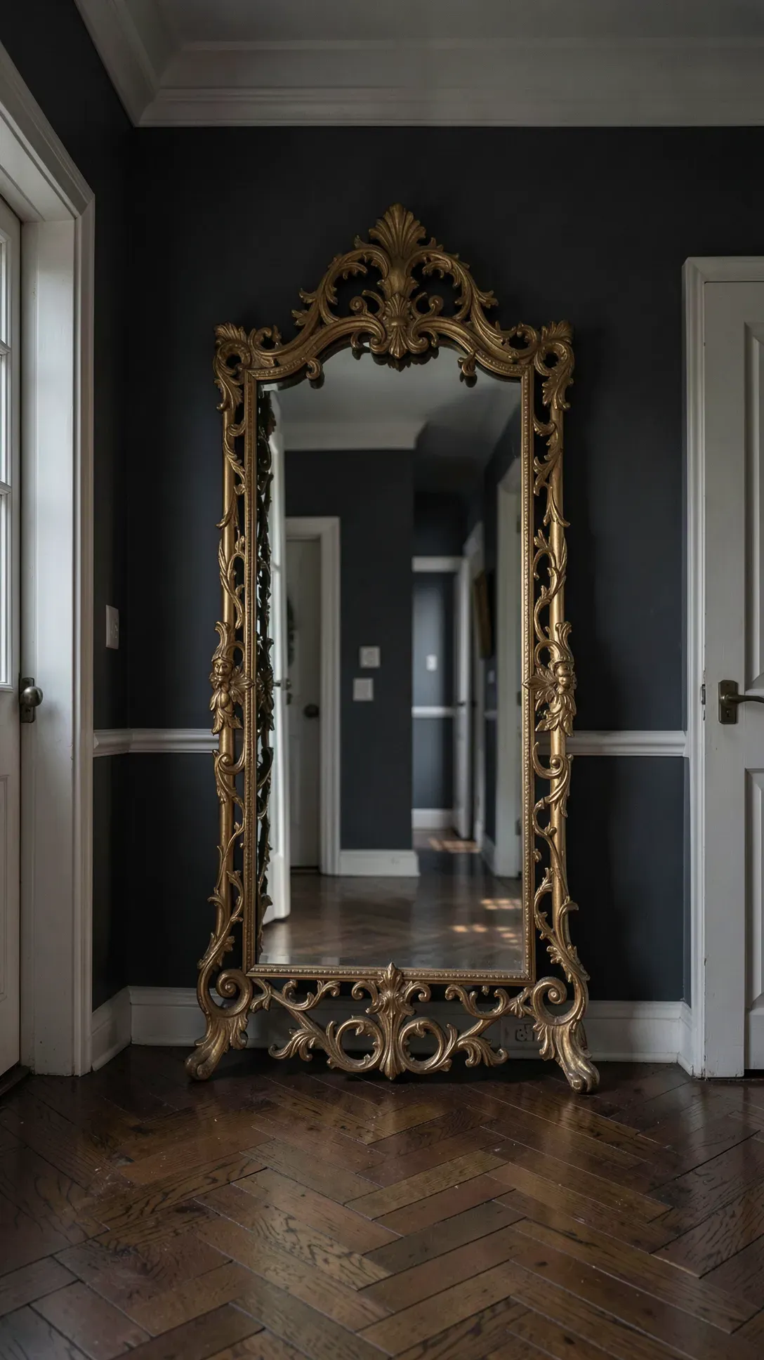 An ornate gold filigree mirror on a dark gray wall in a classic, luxury entryway.