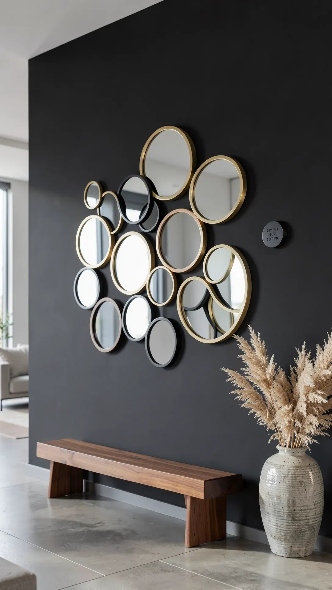 A collection of different sized round mirrors arranged in a decorative cluster on a dark gray wall.