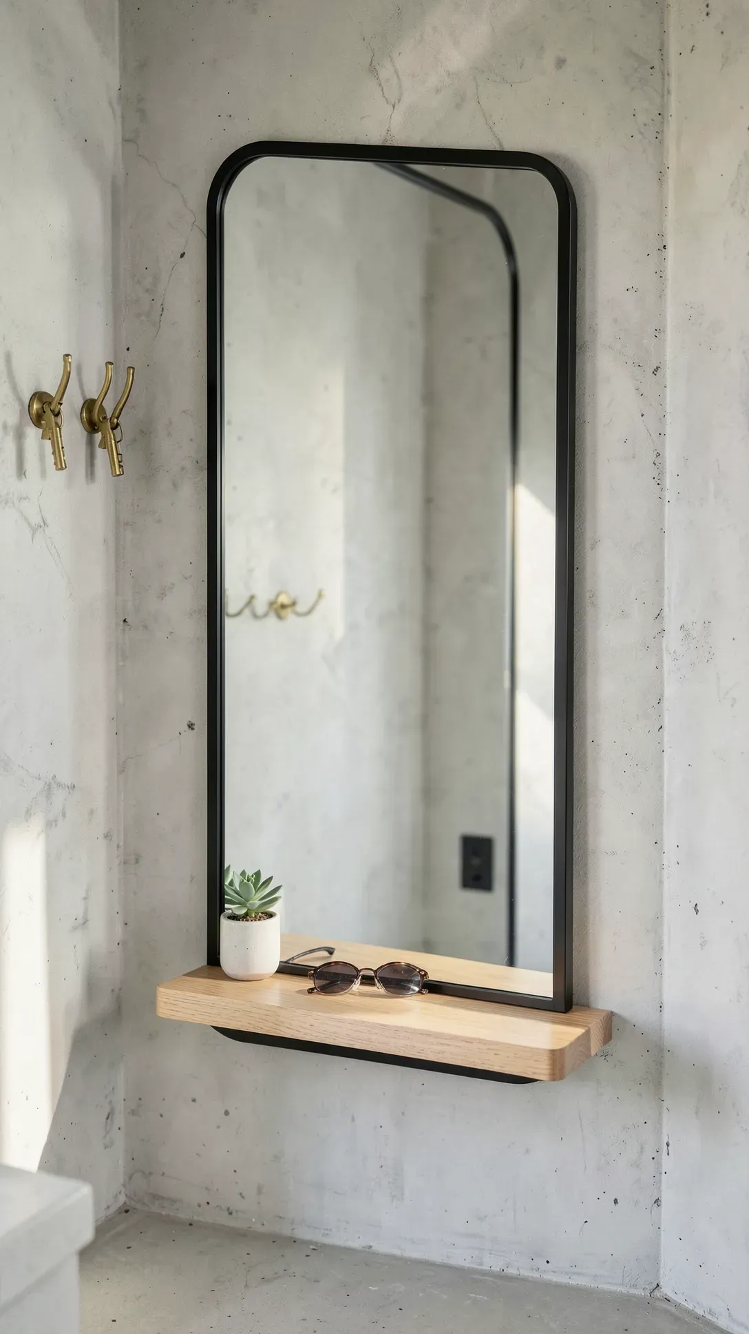 A black metal framed mirror with a built-in wooden shelf holding keys and a small plant in a foyer.