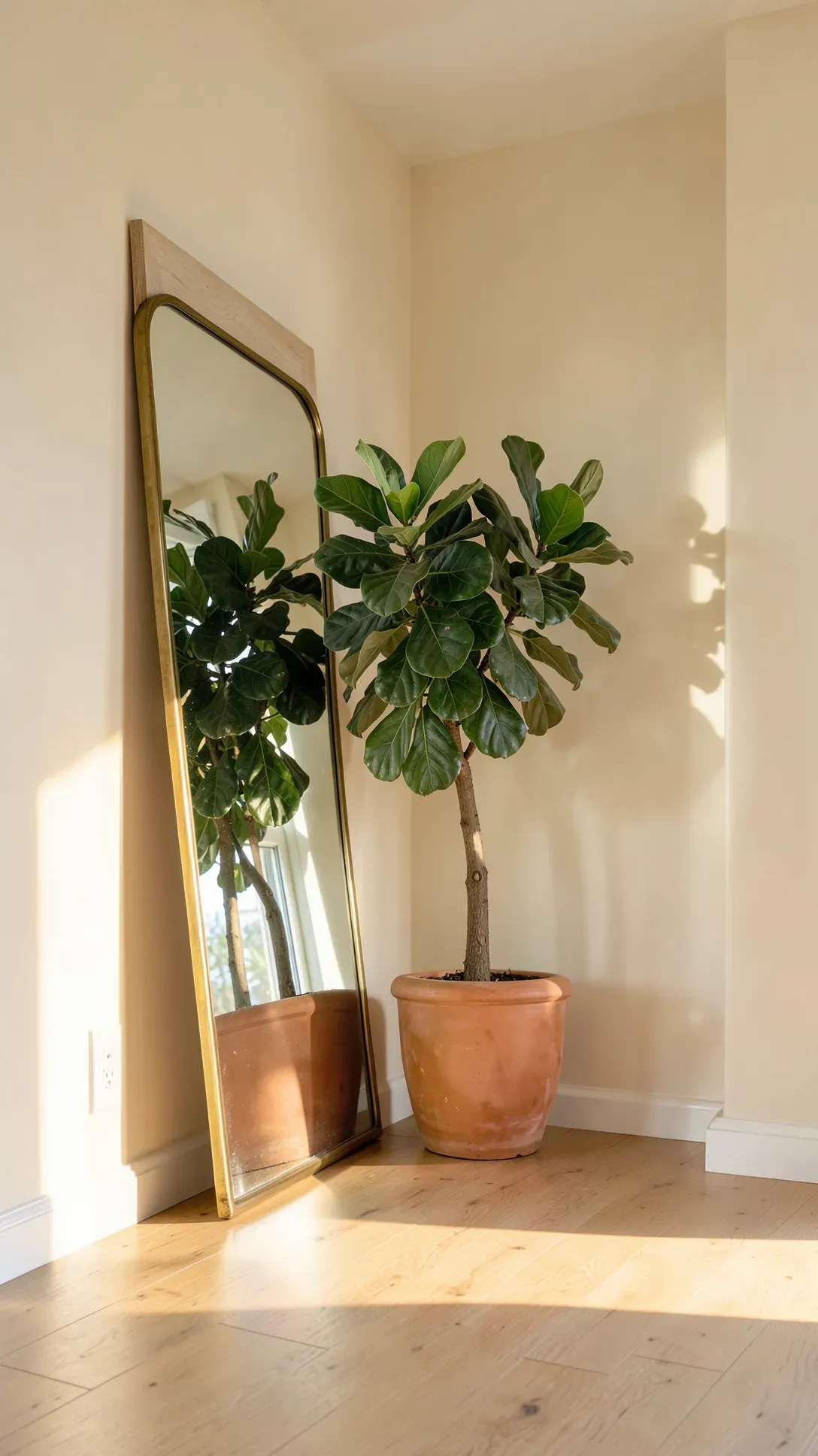 A tall floor mirror leaning against a wall behind a large green potted plant in a sunny foyer.