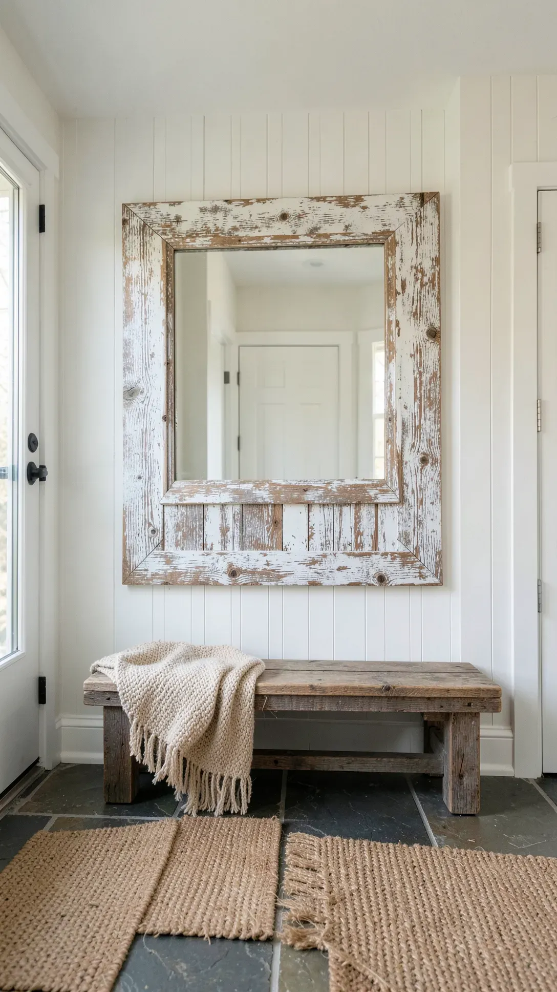 A rustic mirror with a thick distressed wood frame hanging above a wooden bench in a farmhouse entry.