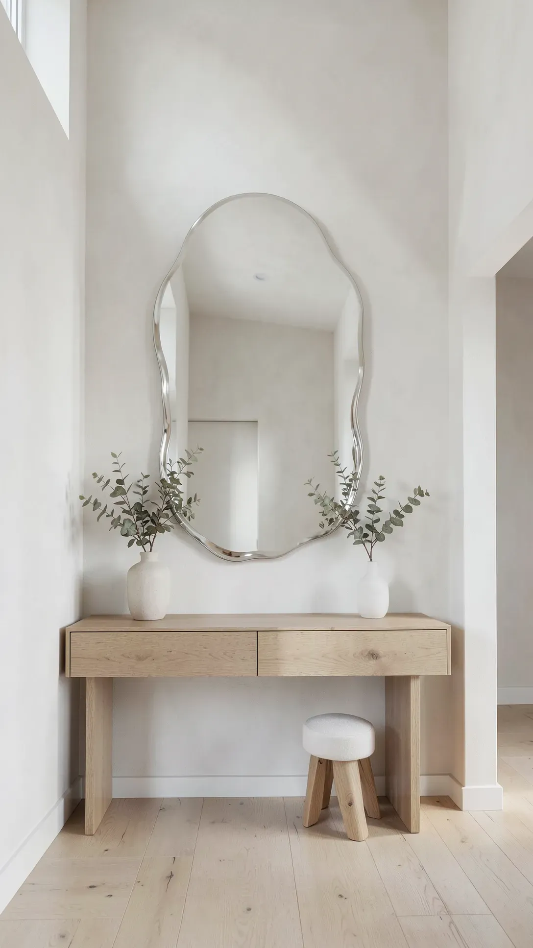 A frameless, puddle-shaped organic mirror hangs in a minimalist white foyer above a light wood console.