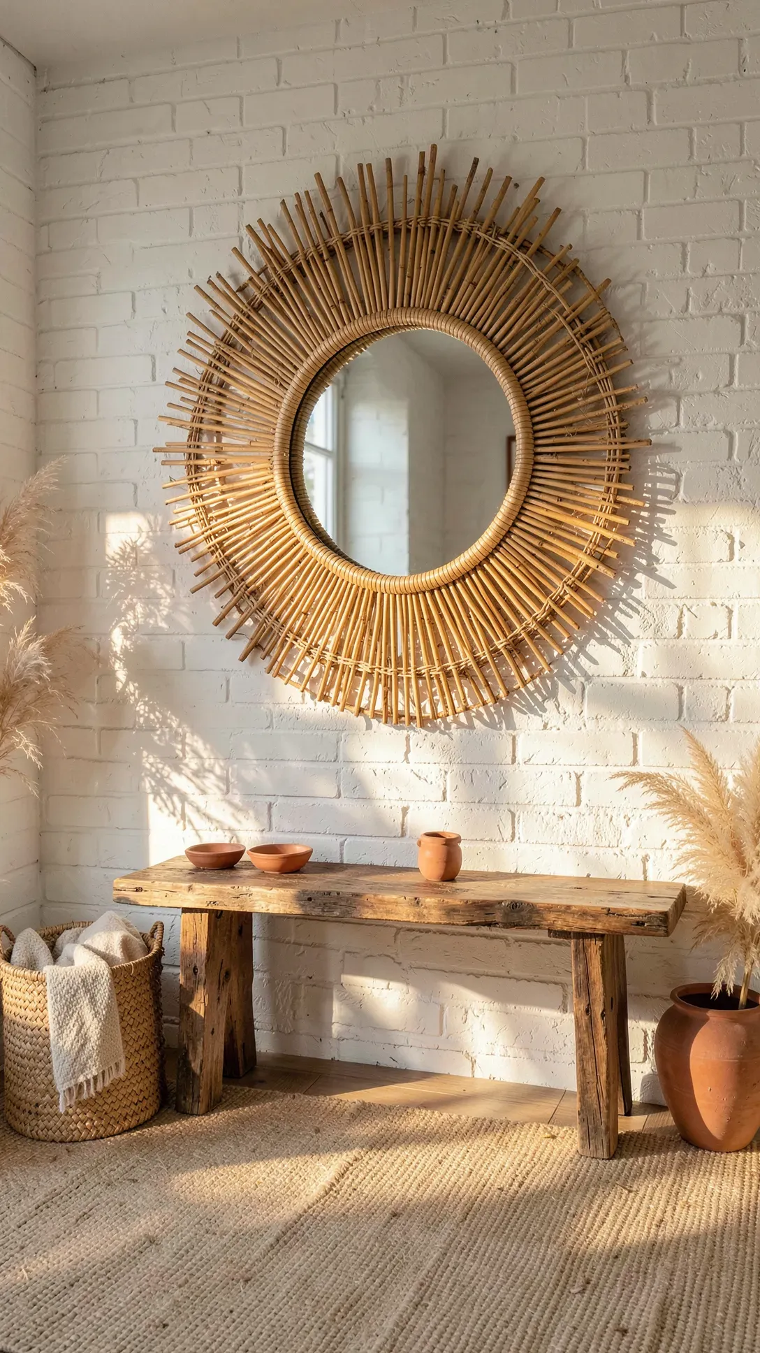 A sun-shaped rattan mirror hangs above a wooden bench in a bright, bohemian-style entryway.
