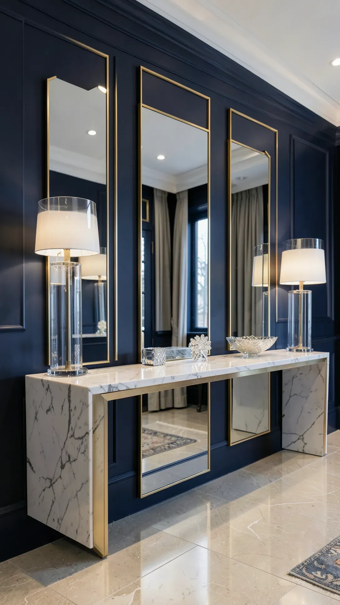 A set of three vertical gold-framed mirrors arranged as a triptych on a navy blue foyer wall.