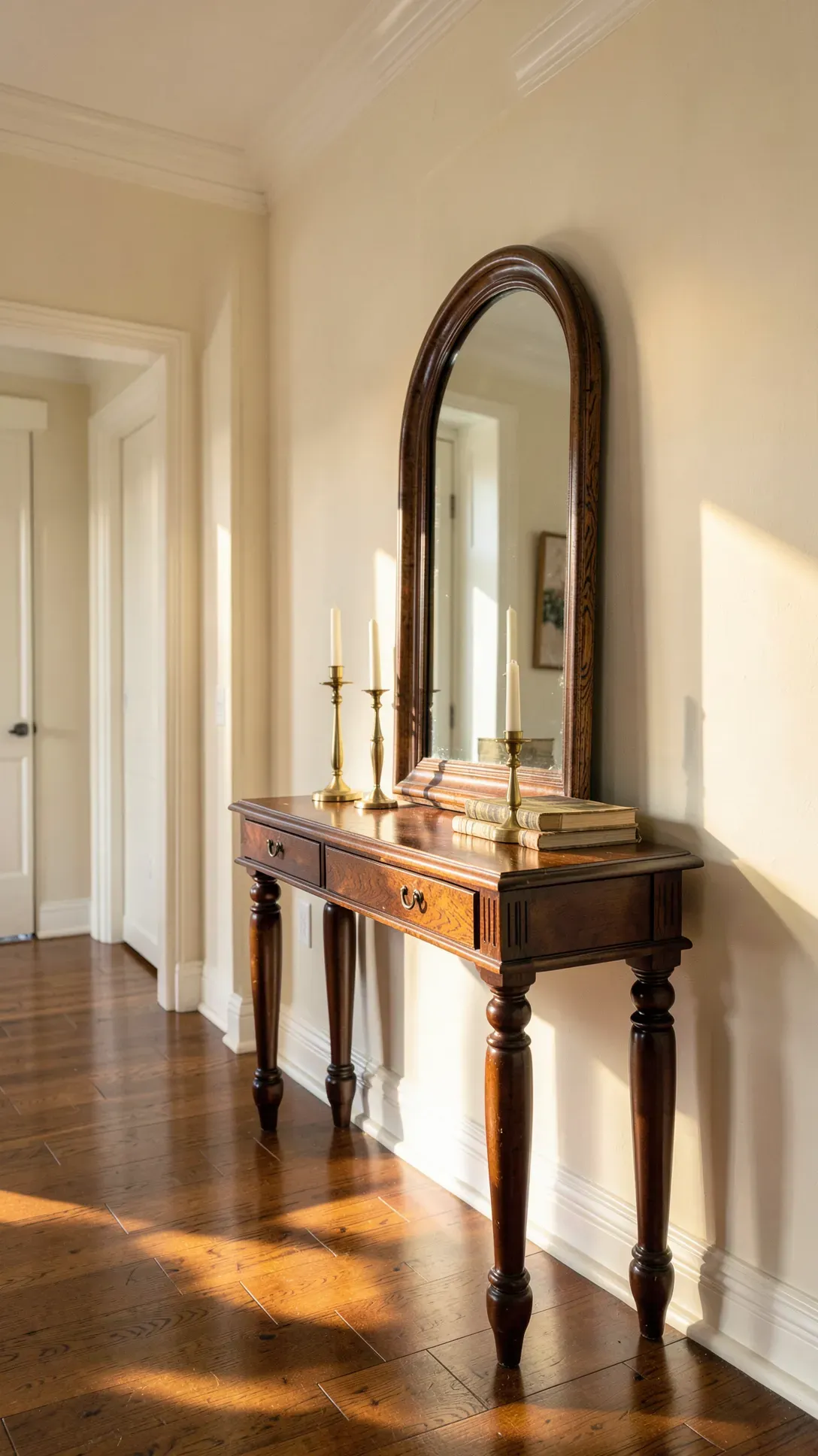 An arched mirror mimicking a window sitting on a mahogany console table in a classic foyer.