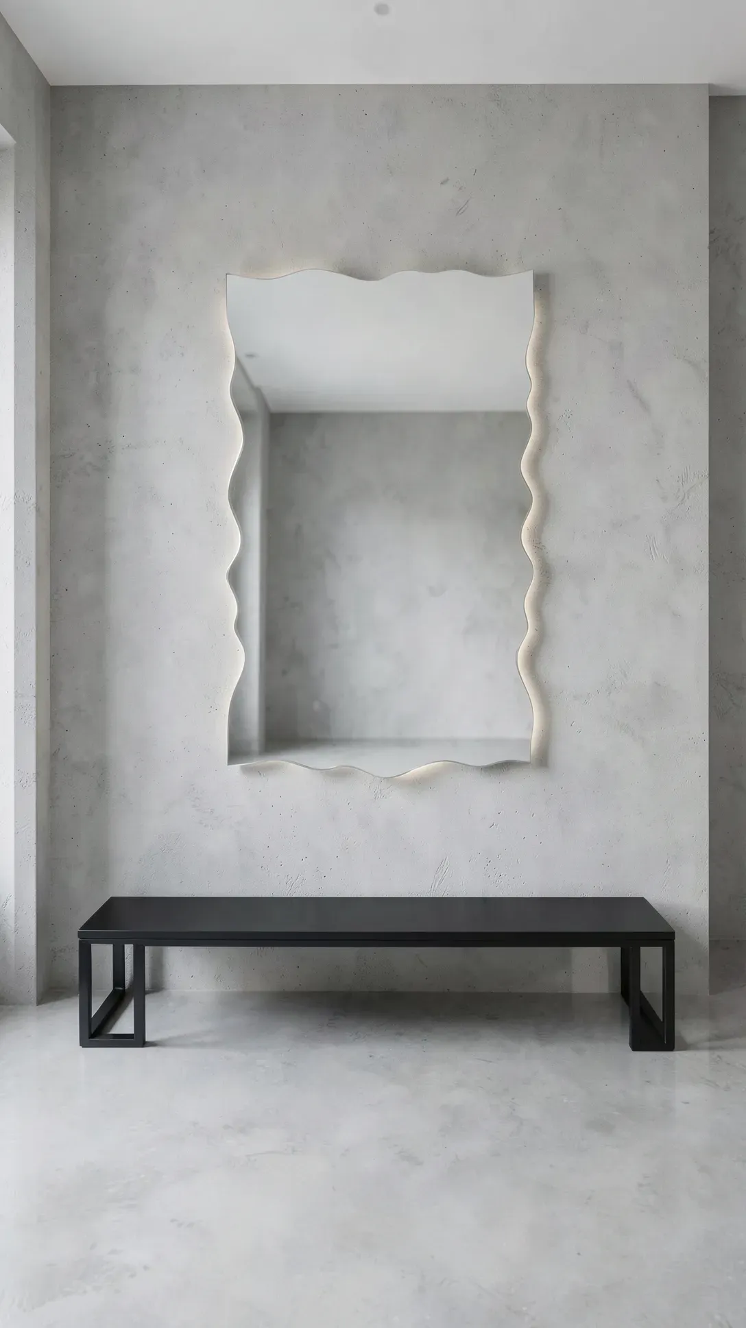 A large wavy-edged modern mirror on a grey concrete wall in a minimalist entryway.