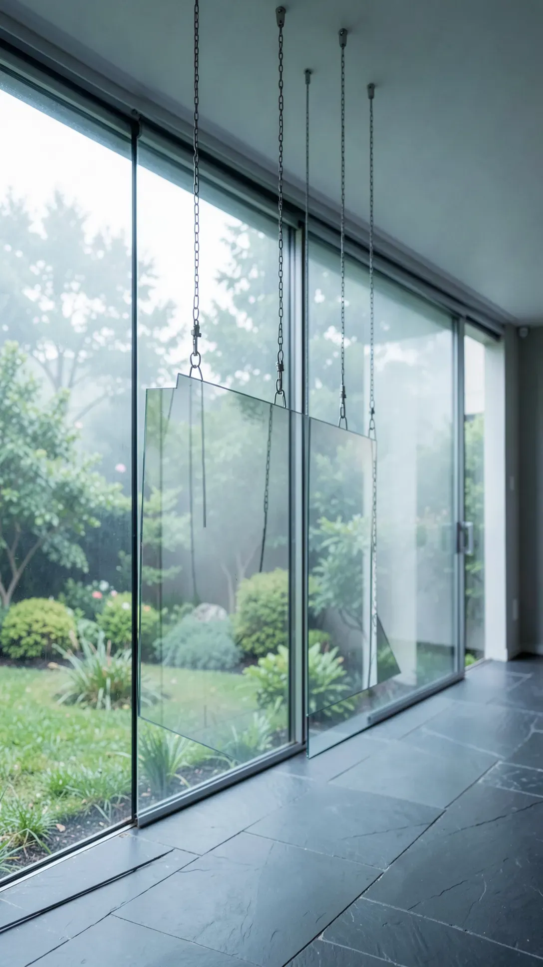 A modern mirror suspended by thin cables from the ceiling in front of a glass wall.