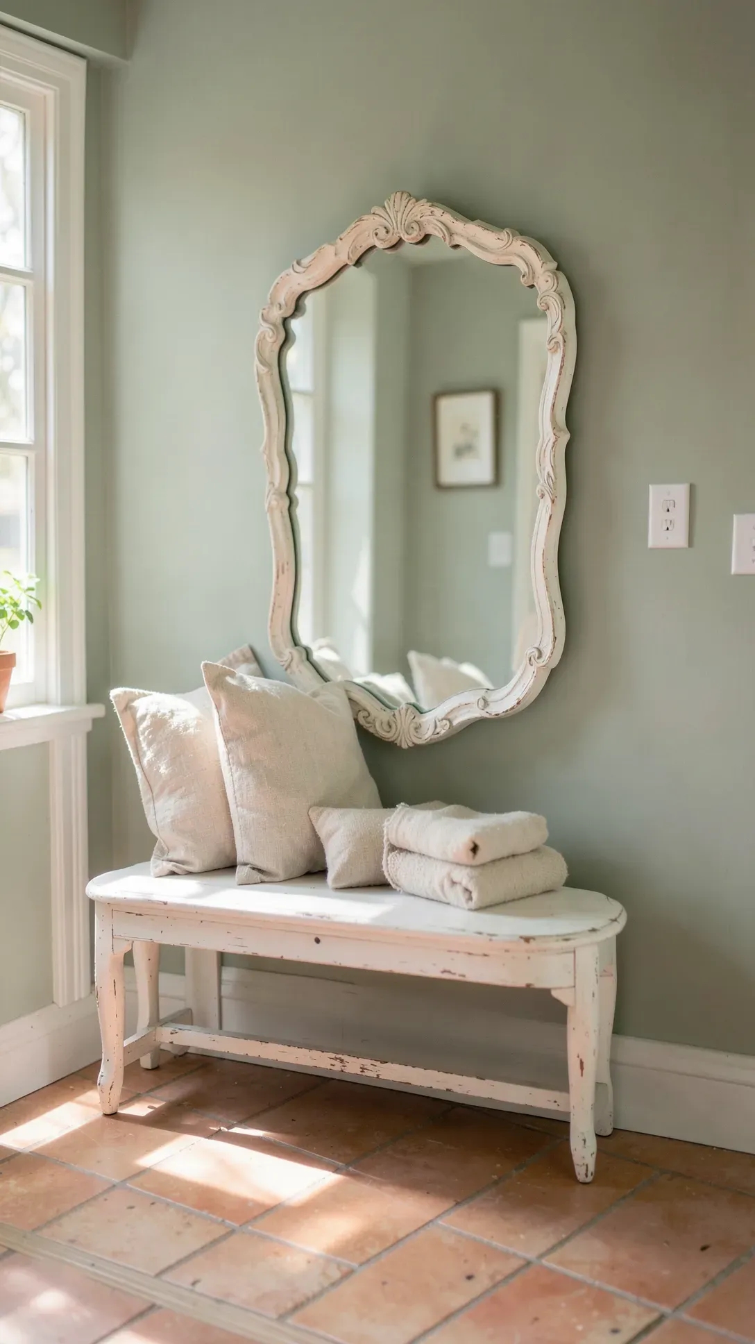 A decorative scalloped mirror on a sage green wall in a cozy, traditional foyer.
