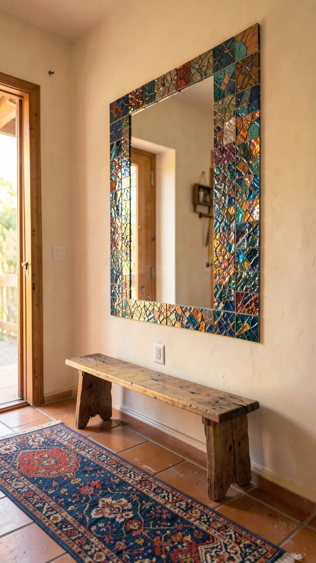 A vibrant mosaic-bordered mirror hanging in a warm foyer above a wooden bench and colorful rug.
