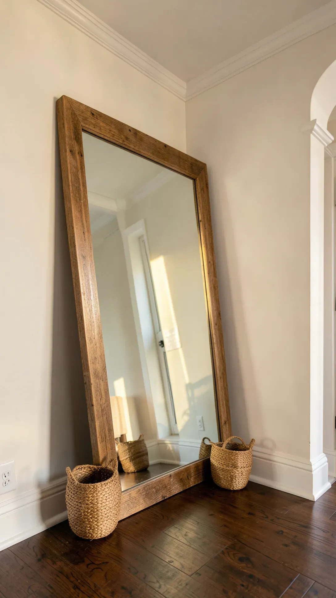 A full-length wood-framed mirror leaning against a corner wall in a sunlit, airy entryway.