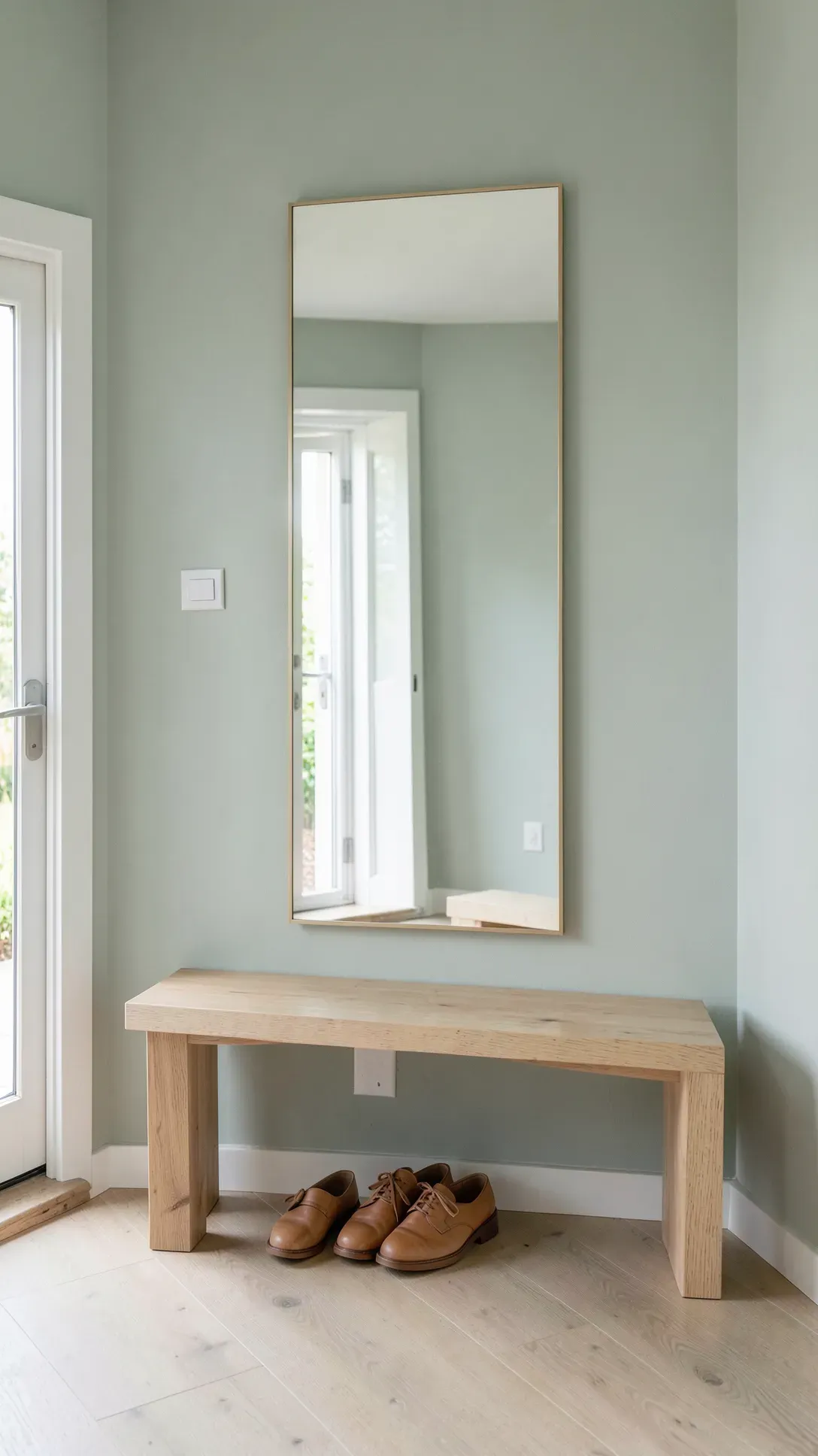 A vertical rectangle mirror hung behind a simple wooden bench in a sage green entryway.