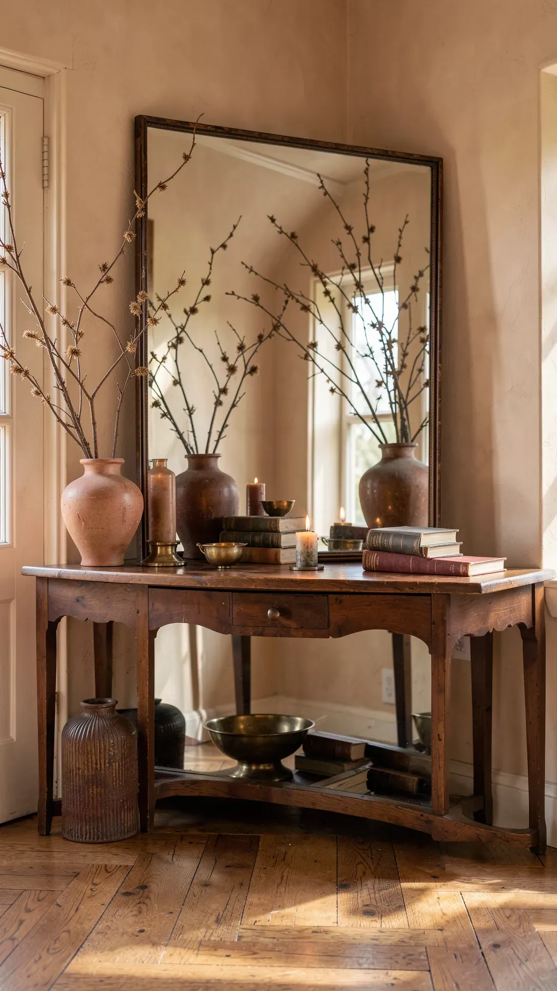 A large rectangular mirror sitting on an entryway table behind a vase of branches and books.
