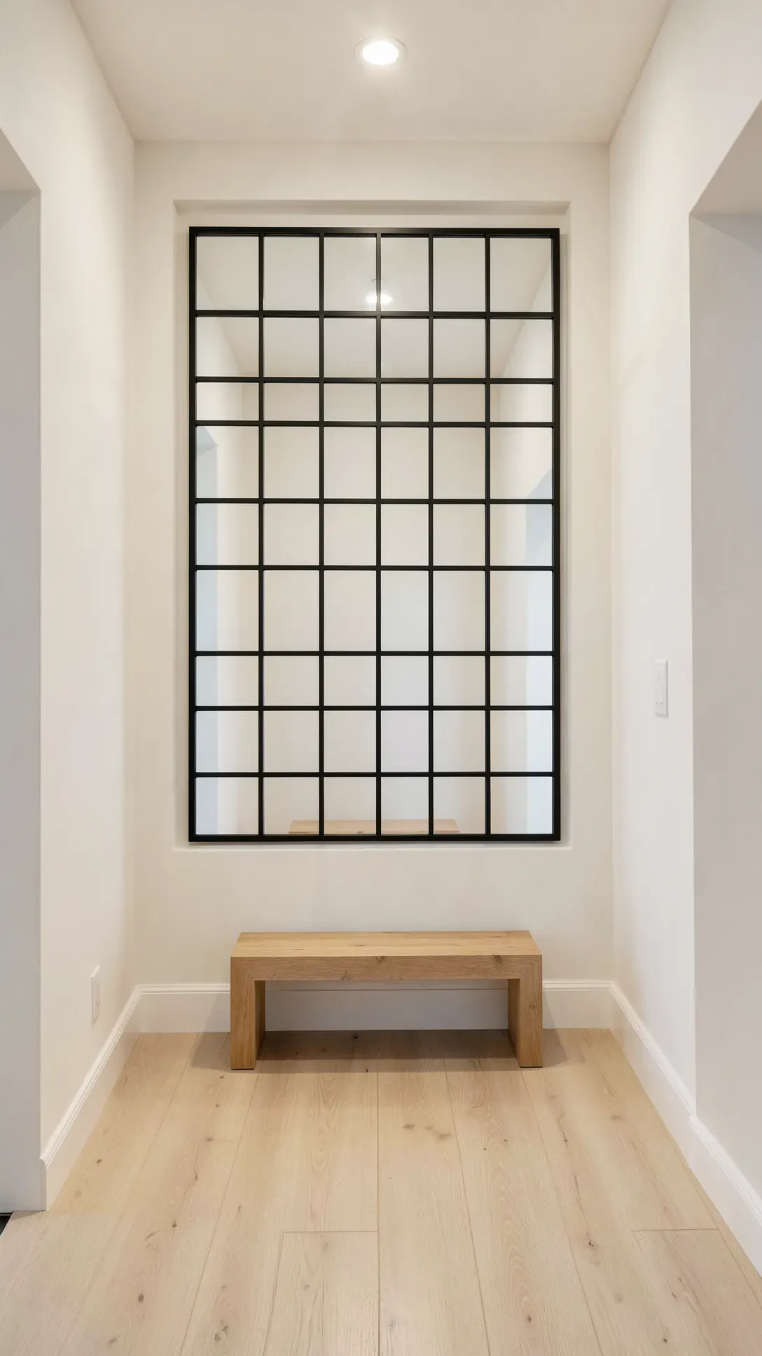 A black grid-style window pane mirror hanging in a bright, modern hallway.
