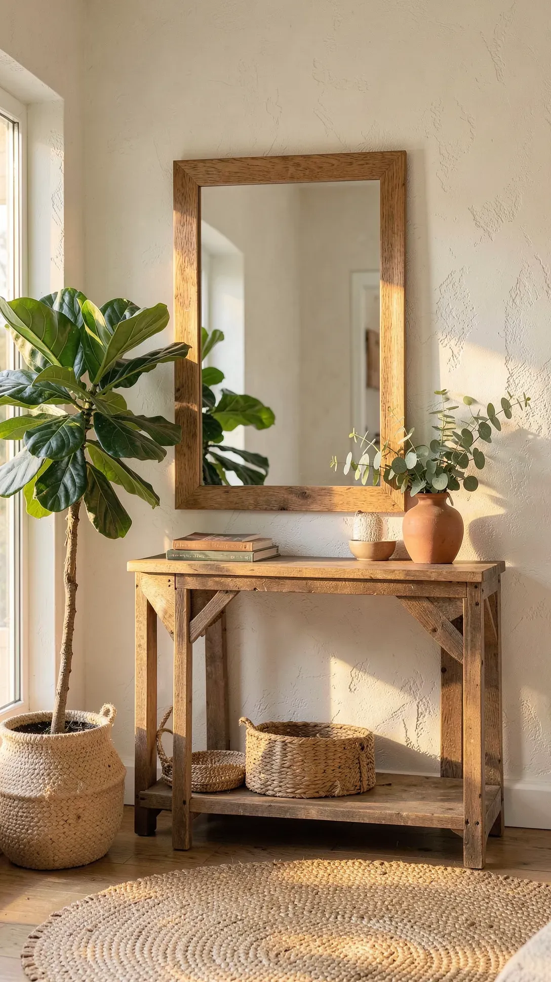 A wood-framed mirror in an entryway surrounded by green potted plants and warm light.