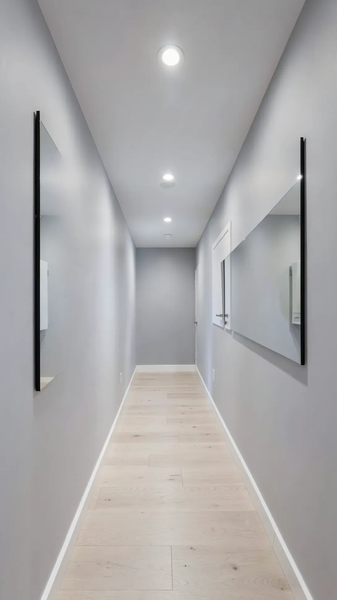 A long horizontal mirror on a narrow hallway wall making the space look wider.