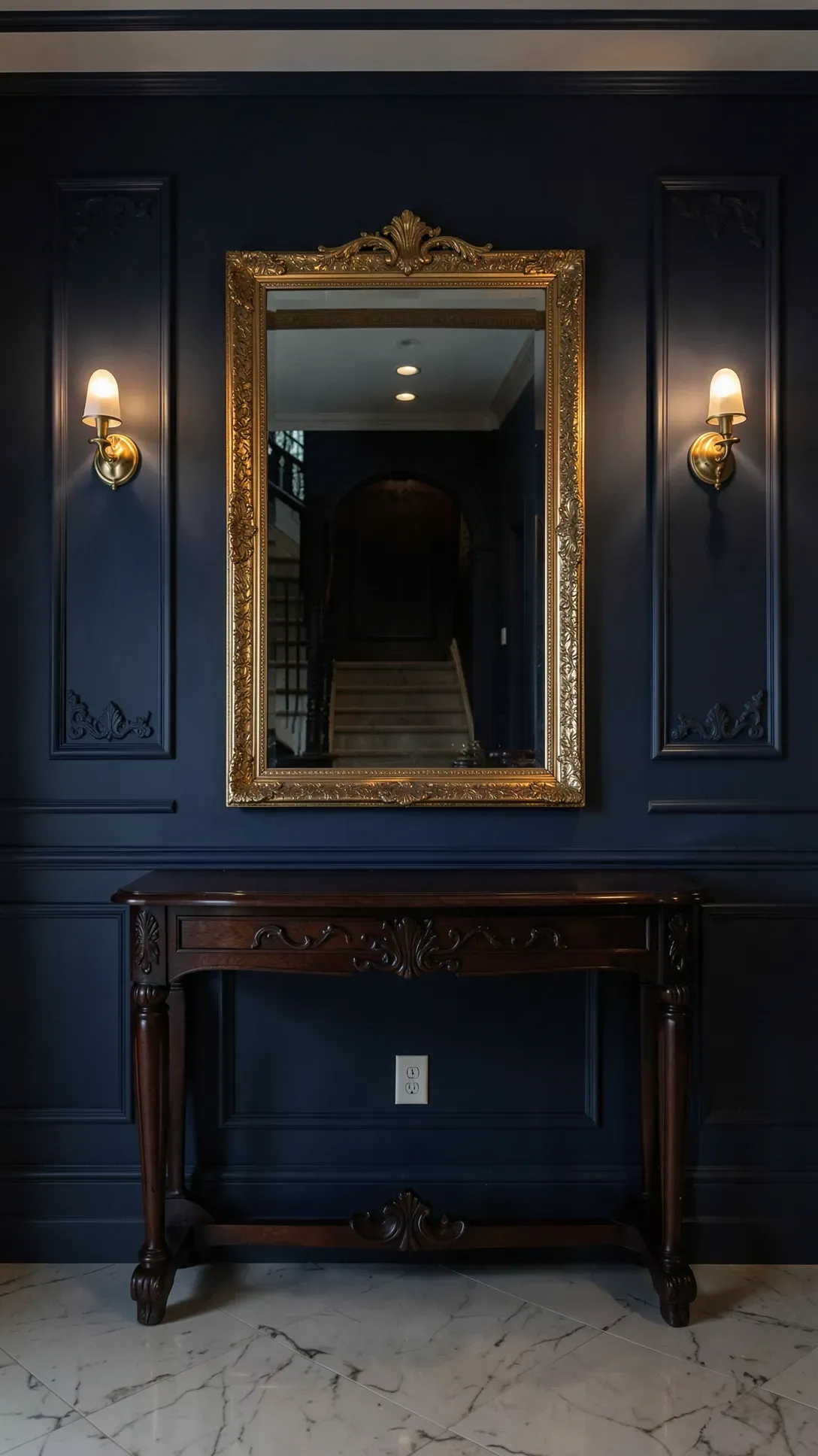 A classic gold-framed mirror hanging on a navy blue wall in a formal entryway.