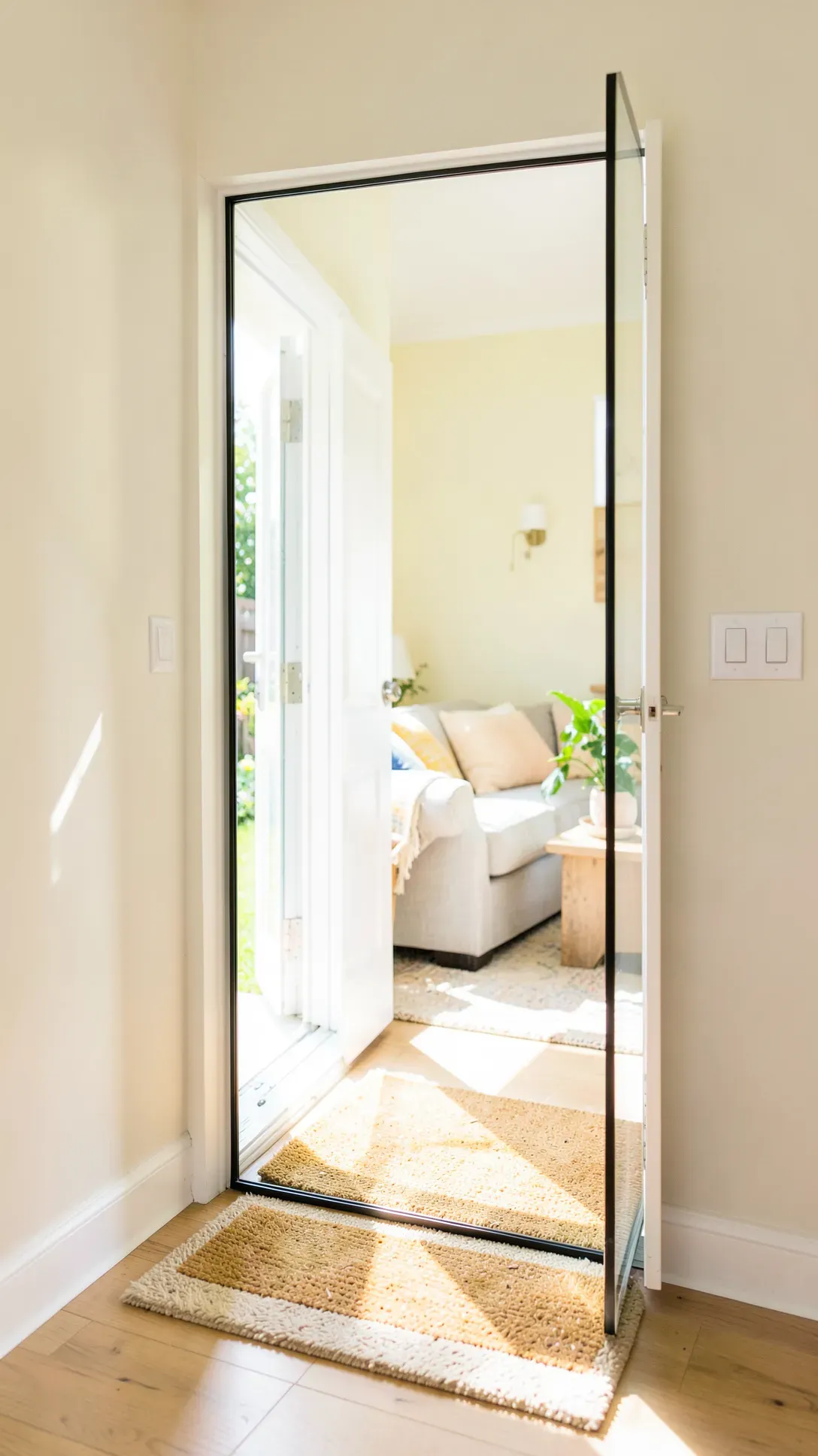 A tall mirror facing an open front door, reflecting bright sunlight into the house.