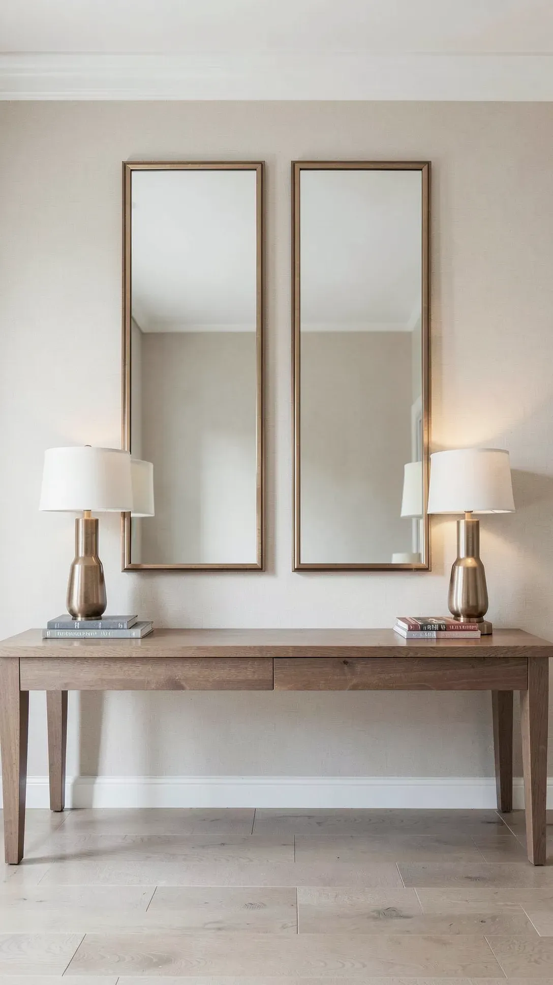 Two matching vertical mirrors hung next to each other over a long console table.